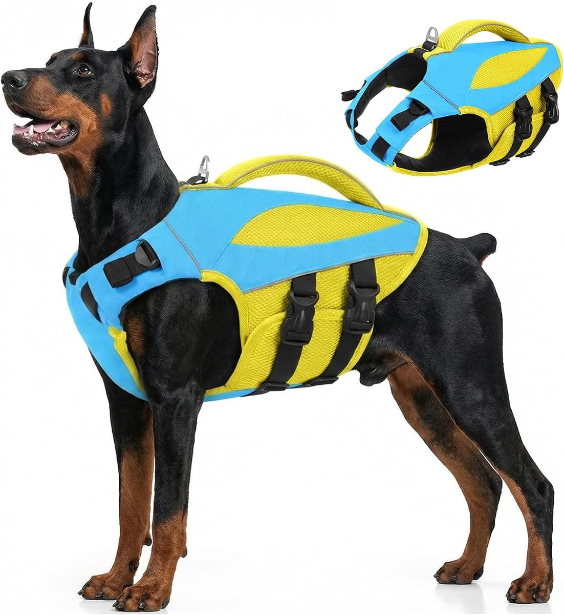 AOFITEE Large Dog Life Jacket, XL Dog Life Vest for Swimming, High Buoyancy Pet Swim Vest Swimsuit with Rescue Handle and D-Ring, Adjustable Reflective Lifesaver for Large Dogs (Blue with Yellow)