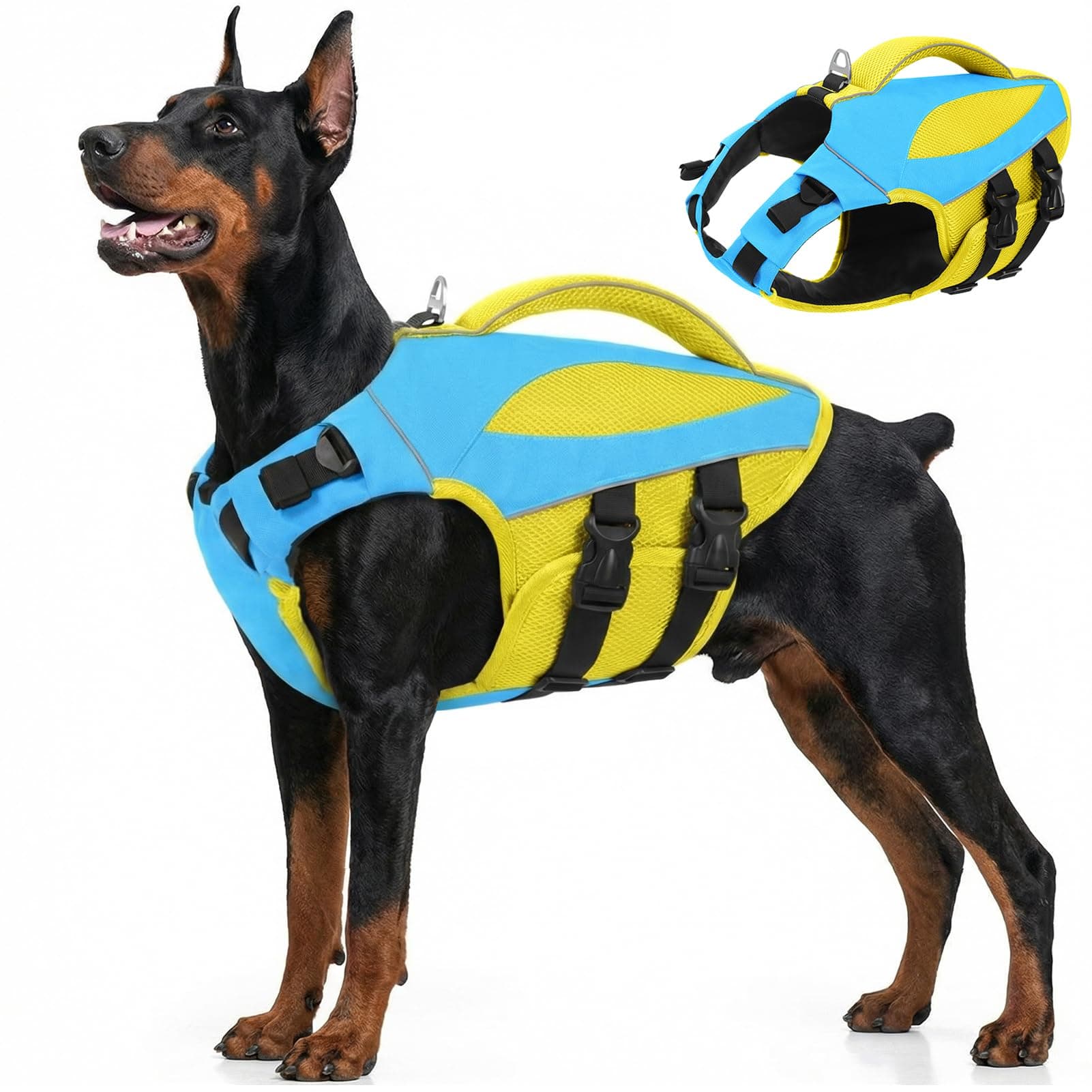 AOFITEE Large Dog Life Jacket, XL Dog Life Vest for Swimming, High Buoyancy Pet Swim Vest Swimsuit with Rescue Handle and D-Ring, Adjustable Reflective Lifesaver for Large Dogs (Blue with Yellow)