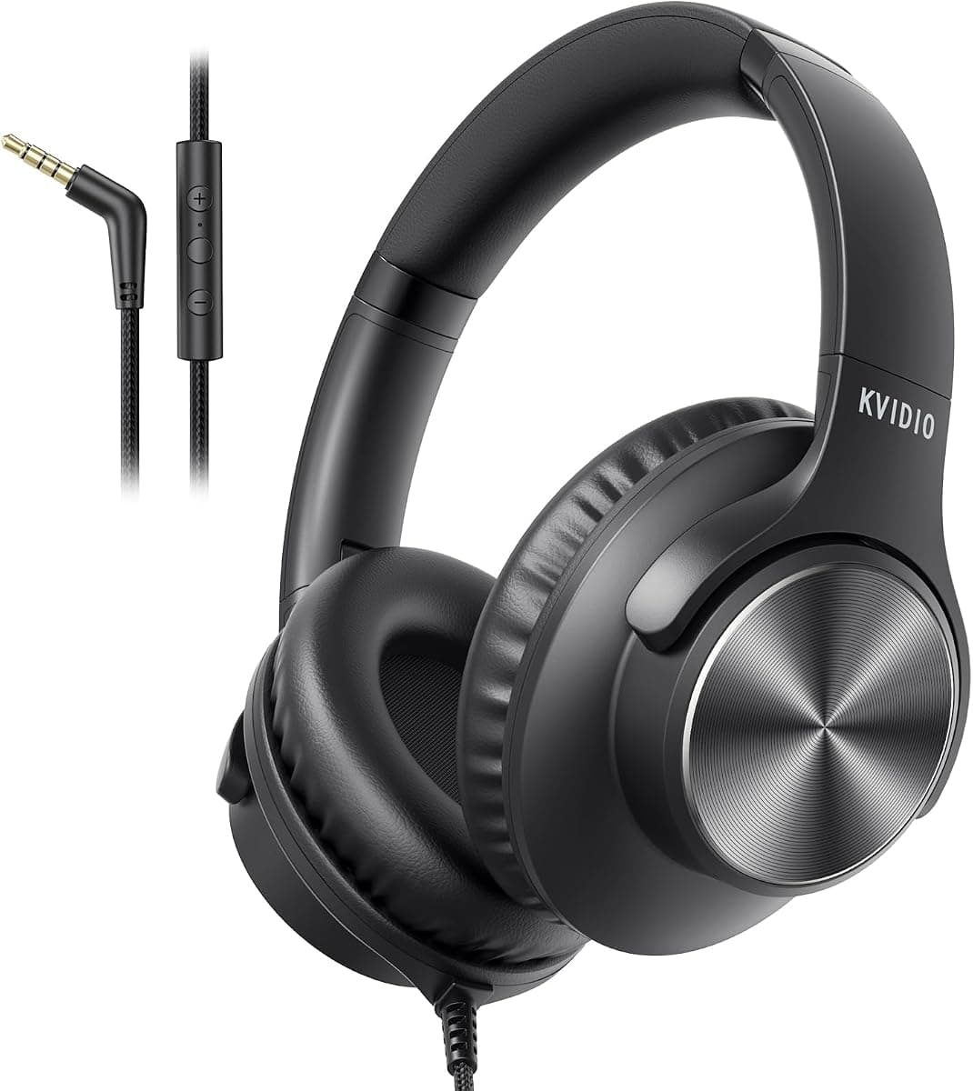 KVIDIO Wired Headphones with Mic, Volume & Playback Control, Over-Ear Foldable Headphones, 3.5mm Plug, 90° Swivel Ear Cups, 4.9ft Tangle-Free Cord for Tablet, Laptop, PC, School, Travel (Black)