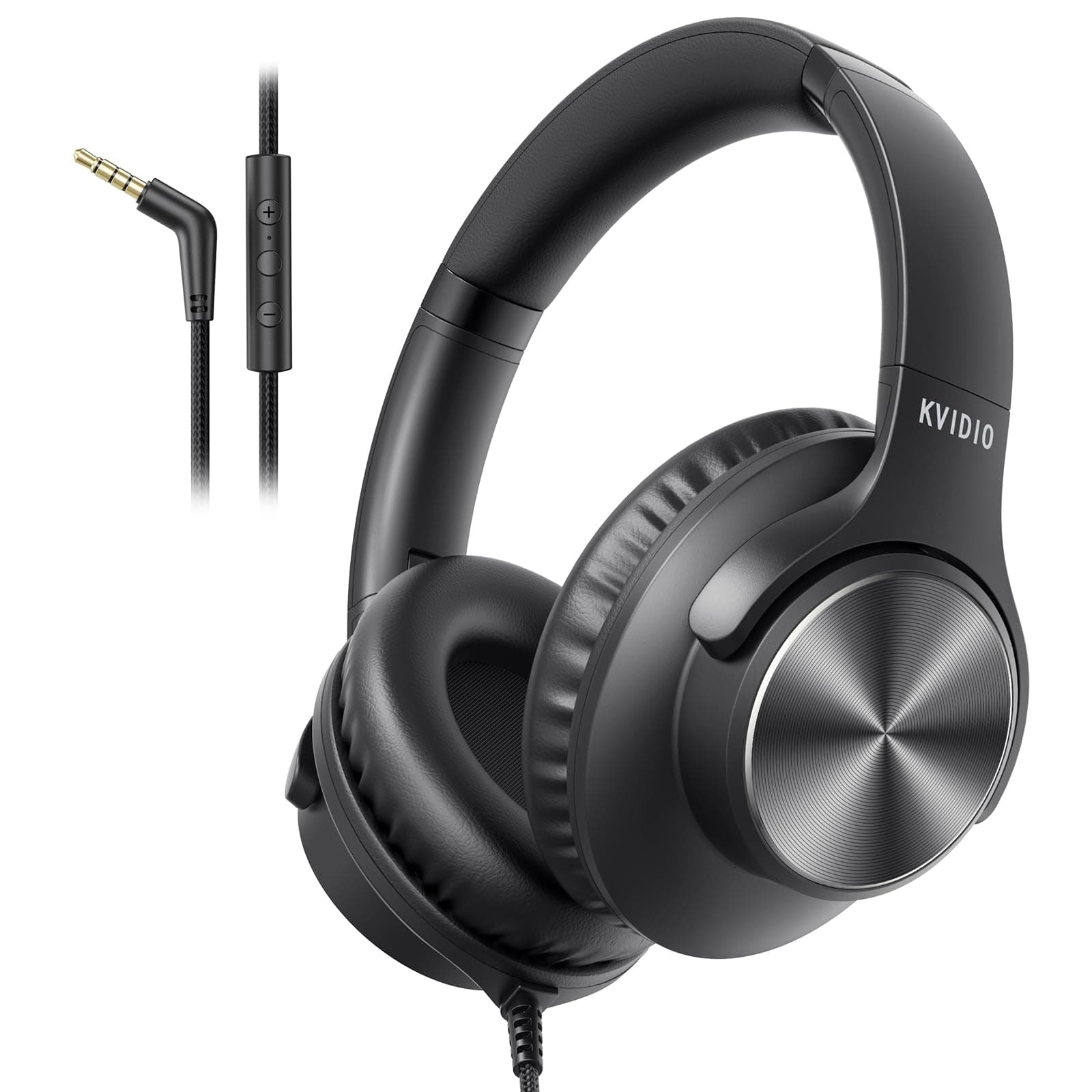 KVIDIO Wired Headphones with Mic, Volume & Playback Control, Over-Ear Foldable Headphones, 3.5mm Plug, 90° Swivel Ear Cups, 4.9ft Tangle-Free Cord for Tablet, Laptop, PC, School, Travel (Black)