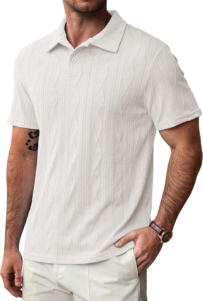 Mens Textured Knit Polo Shirts Casual Vintage Business Summer Collared Shirt (S-XXL)