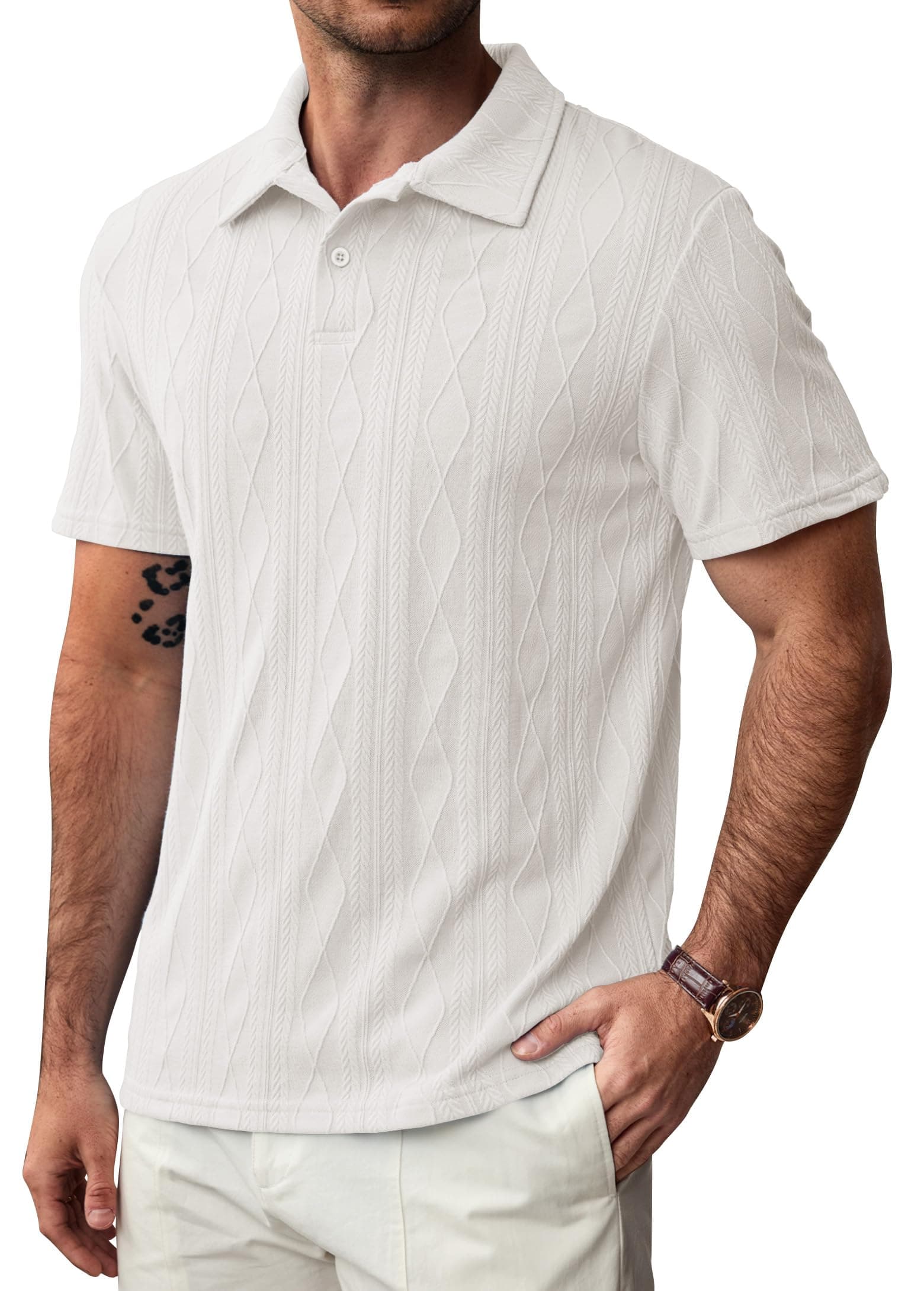 Mens Textured Knit Polo Shirts Casual Vintage Business Summer Collared Shirt (S-XXL)