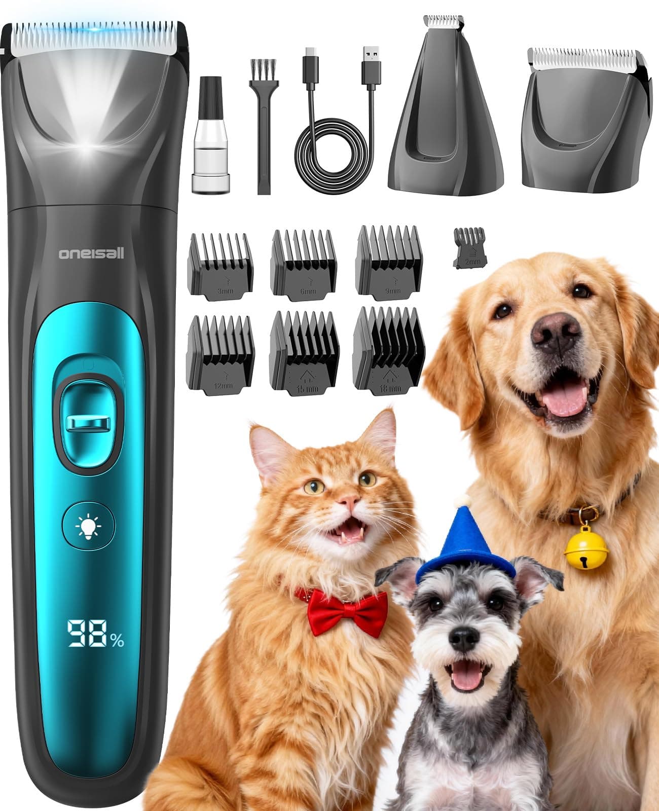 oneisall LED Light Dog Trimmer Clippers, Cordless Dog Grooming Kit 2 in 1, 2000mAh Pet Grooming Clippers Paw Trimmer for Paw, Face, Ears, Legs, Body