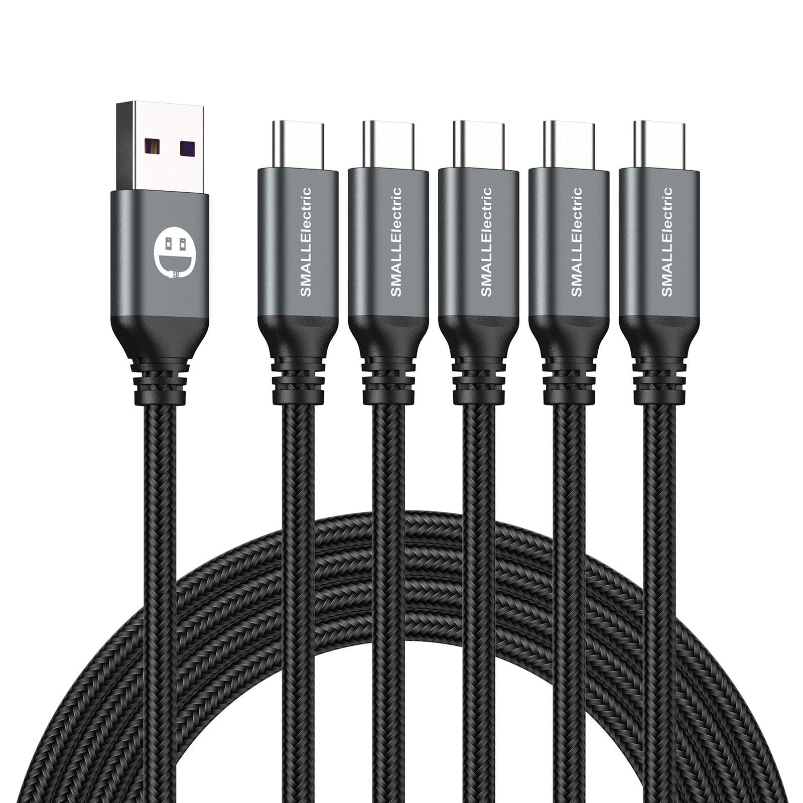 SMALLElectric USB to USB C Cable 5 Pack 6FT, A to Type C Fast Charger Cord | 3A braided USB A to C charging cords for iPhone 17 16 15, Samsung Galaxy, LG; 5 pack for home, office, car and travel.(Grey)