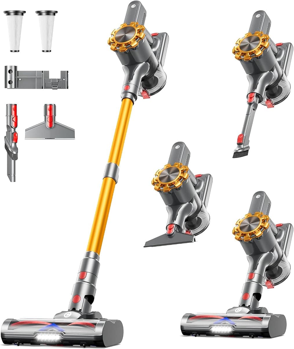 CHEBIO Cordless Vacuum Cleaner, 550W/45Kpa Vacuum Cleaners for Home with LED Display, Anti-Tangle Cordless Stick Vacuum with 65Min, Lightweight Wireless Vacuum (Yellow)