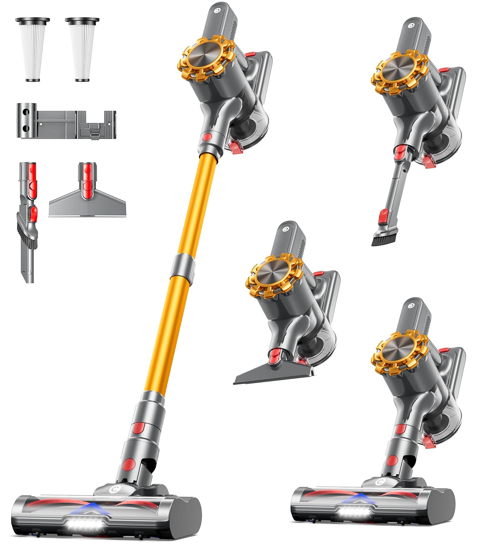 CHEBIO Cordless Vacuum Cleaner, 550W/45Kpa Vacuum Cleaners for Home with LED Display, Anti-Tangle Cordless Stick Vacuum with 65Min, Lightweight Wireless Vacuum (Yellow)