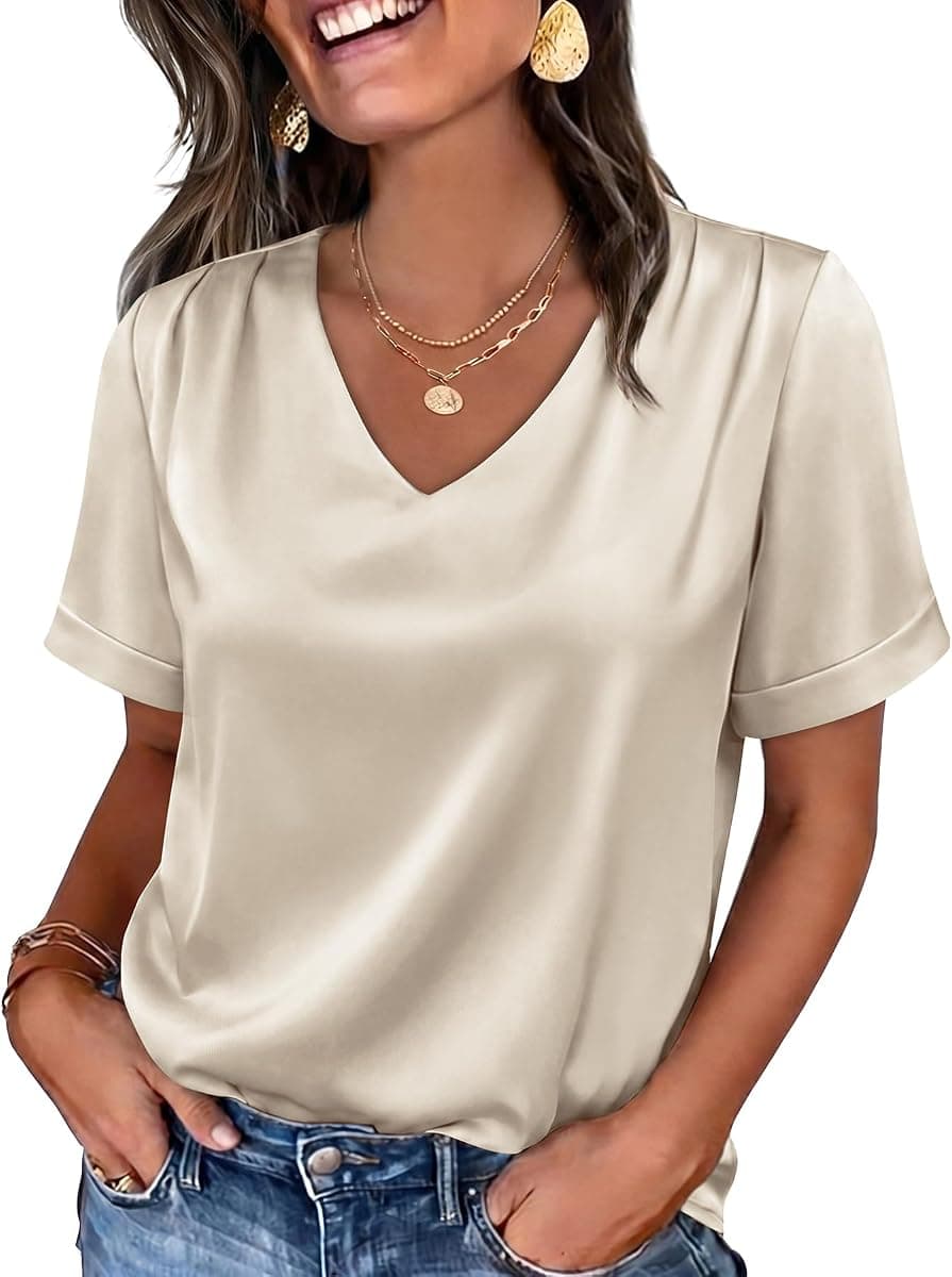 WIHOLL Work Blouses for Women Dressy Casual Summer Tops V Neck Short Sleeve Shirts