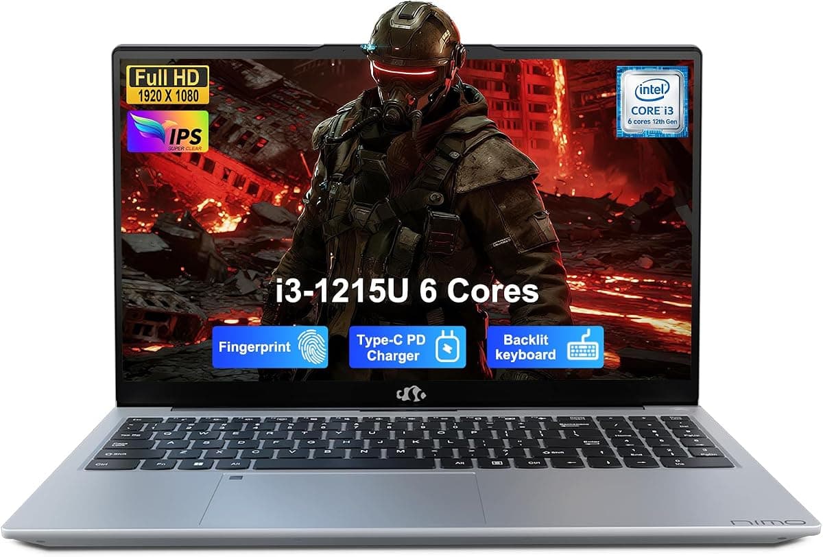 NIMO 15.6" IPS FHD-Student-Laptop, Intel i3-1215U (6 Cores Up to 4.4 GHz, Beats R5 7520U) 8GB RAM 128GB SSD with 65W Fast PD 2-Yr Warranty 180° View Wi-Fi 6 Backlit KB Fingerprint Bluetooth 5.2 Win 11