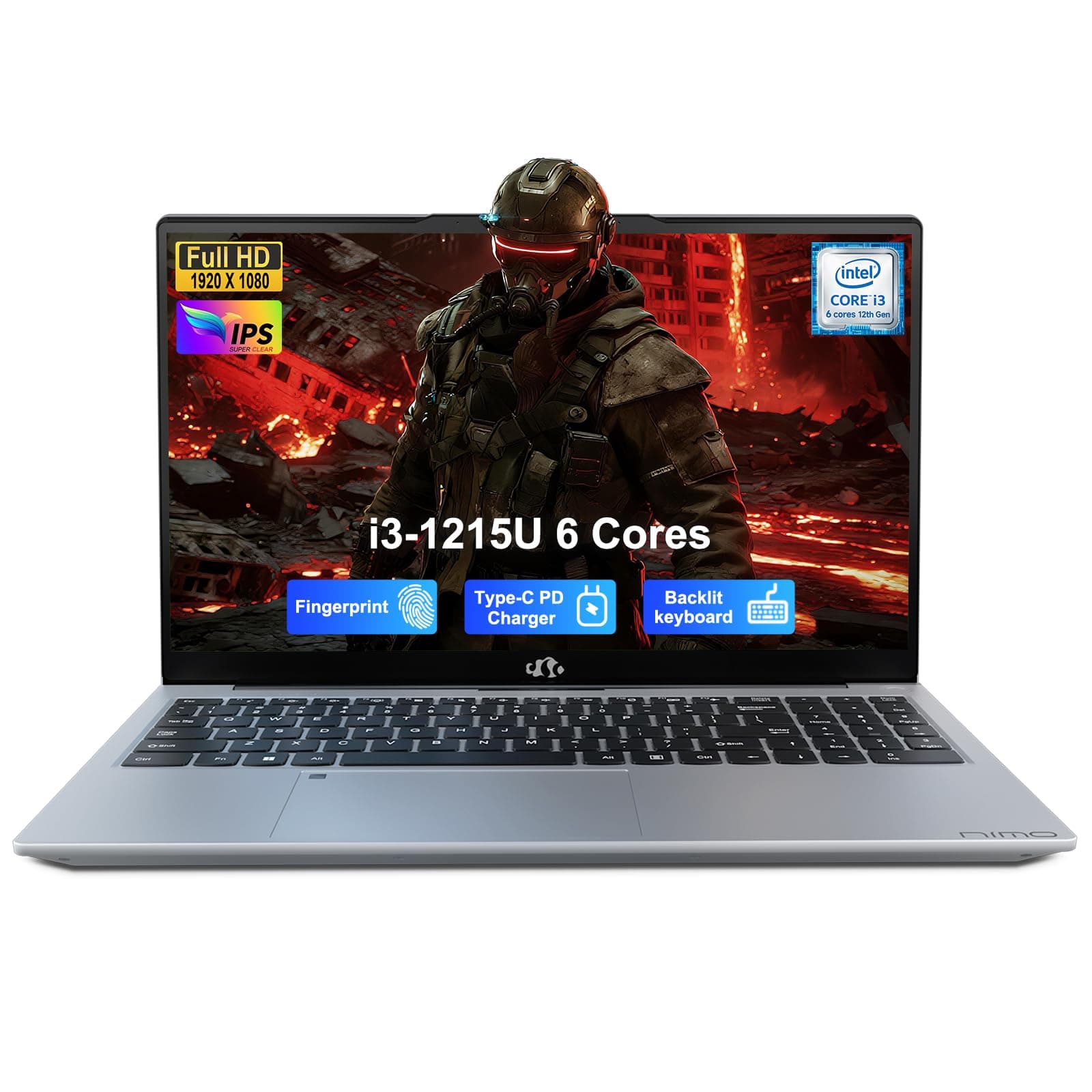 NIMO 15.6" IPS FHD-Student-Laptop, Intel i3-1215U (6 Cores Up to 4.4 GHz, Beats R5 7520U) 8GB RAM 128GB SSD with 65W Fast PD 2-Yr Warranty 180° View Wi-Fi 6 Backlit KB Fingerprint Bluetooth 5.2 Win 11