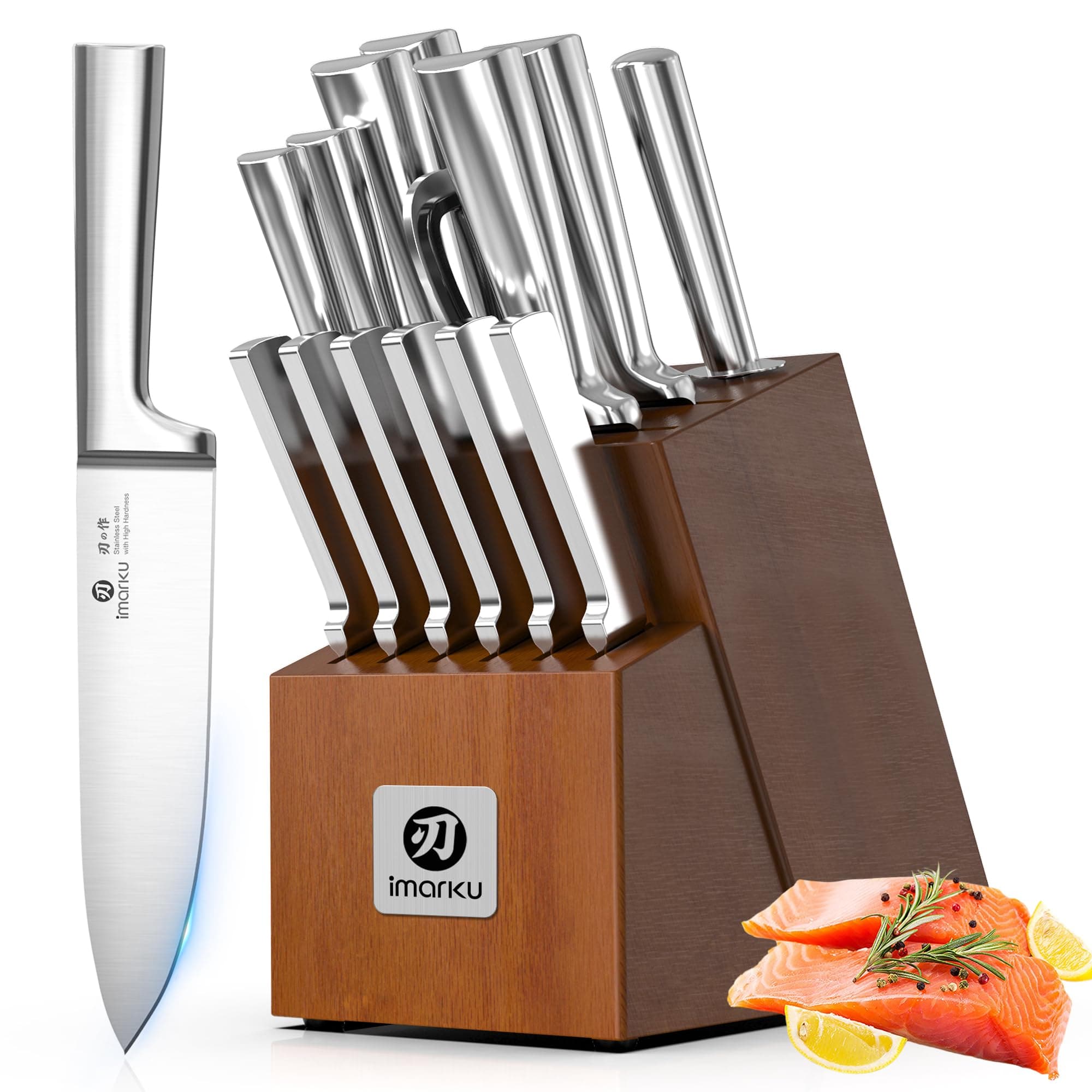 imarku 15-Piece Knife Block Set Built-in Sharpener, Japanese High Carbon Stainless Steel Kitchen Knife Set, Dishwasher Safe, Chef Knife Set with Wooden Knife Block, Steak Knives for Kitchen Cooking