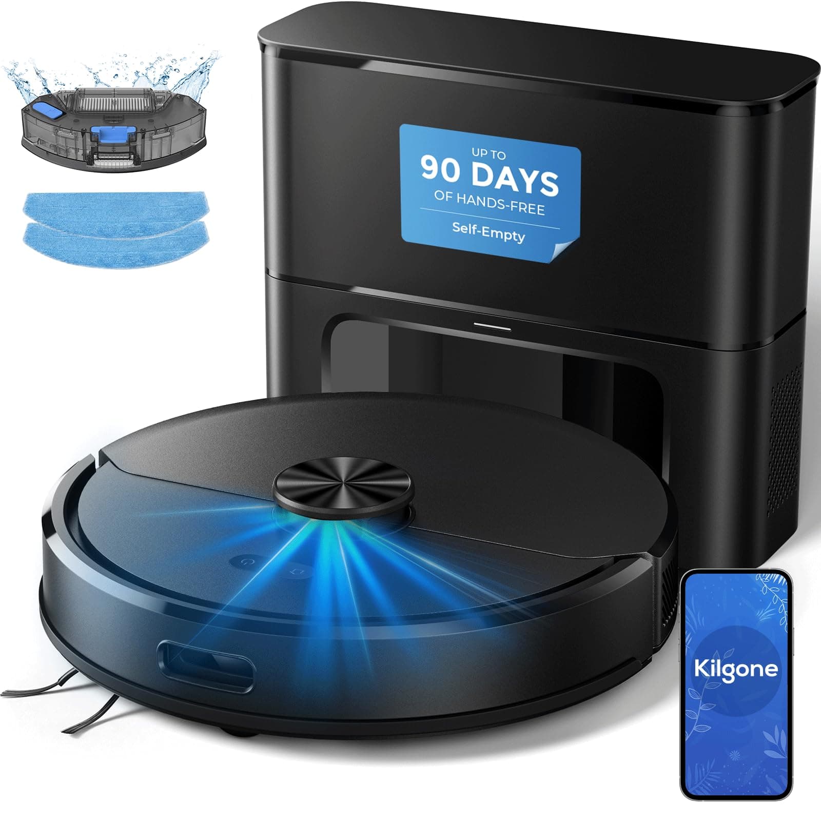 Kilgone Robot Vacuum and Mop Combo with Self Emptying Station, 6000Pa Suction Anti Tangle Brush LiDAR Navigation Multi Floor Mapping, 90 Day Hands Free Smart Laser Robotic Cleaner for Pet Hair Carpet