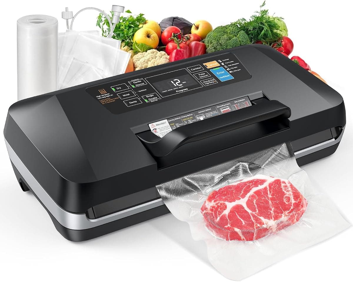 10-in-1 Food Vacuum Sealer, 230W 95KPa Vacuum Sealer Machine with Double Heat Seal, Easy-Lock Handle, Hose, Built-in Cutter & Bag Storage – Includes 1 Roll + 10 Pre-cut Bags