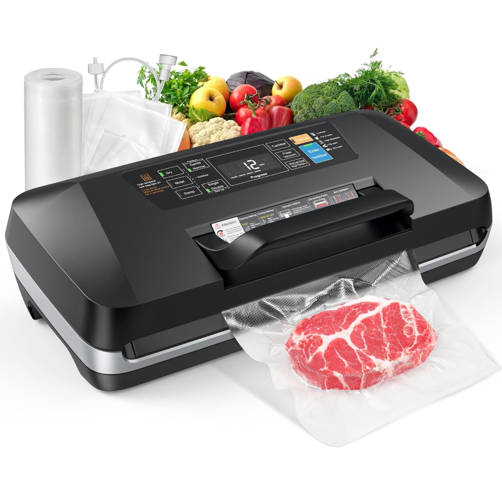 10-in-1 Food Vacuum Sealer, 230W 95KPa Vacuum Sealer Machine with Double Heat Seal, Easy-Lock Handle, Hose, Built-in Cutter & Bag Storage – Includes 1 Roll + 10 Pre-cut Bags