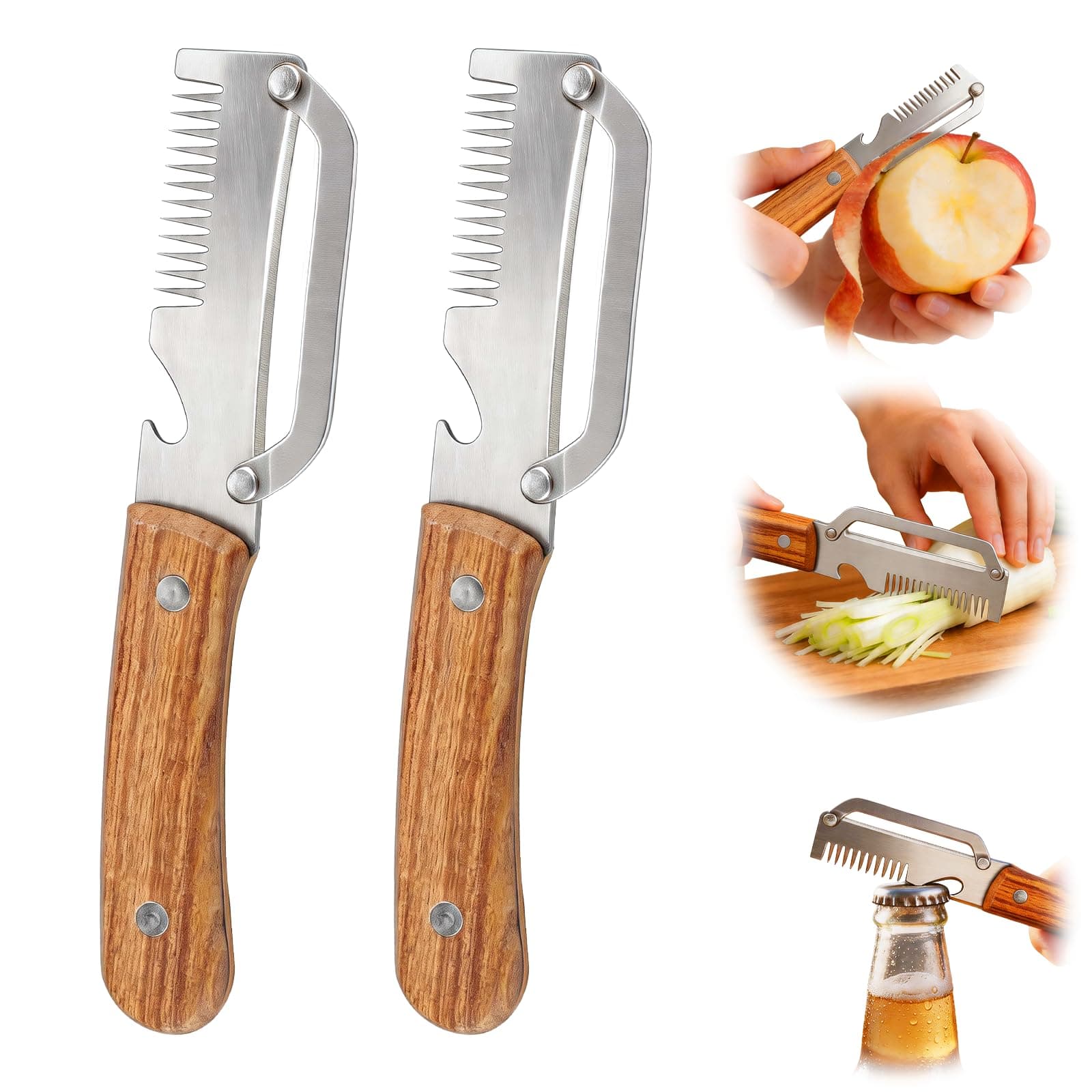 Multifunctional Vegetable Peeler, 3 in 1 Julienne Peeler with Wooden Handle, Potato Peeler Knife with Bottle Opener Kitchen Tool for Peeling Veggie Fruit Pineapple Pumpkin Papaya Carrrot(2 Pack)