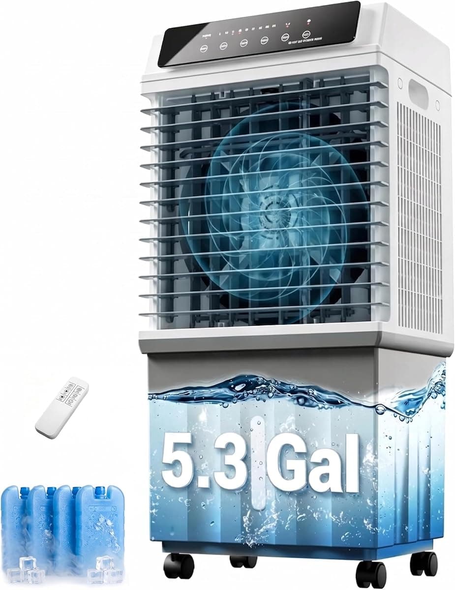 Swamp Cooler,1800 CFM Evaporative Cooler with 5.3 Gal Water Tank,4 Ice Boxes,12H Timer,3 Speeds,4 Modes,120°Oscillation,3-IN-1 Windowless Ac,Air Cooler for Indoor,Room,Bedroom,Kitchen,Office