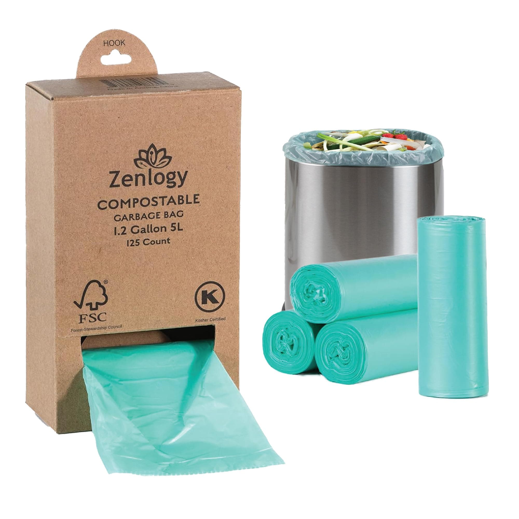 Compostable Recycling Trash Bag, 1.2 Gallon, 125 Count | Eco Friendly, Biodegradable, Recyclable, Bathroom Garbage Bag, Bin Liner, by Zenlogy