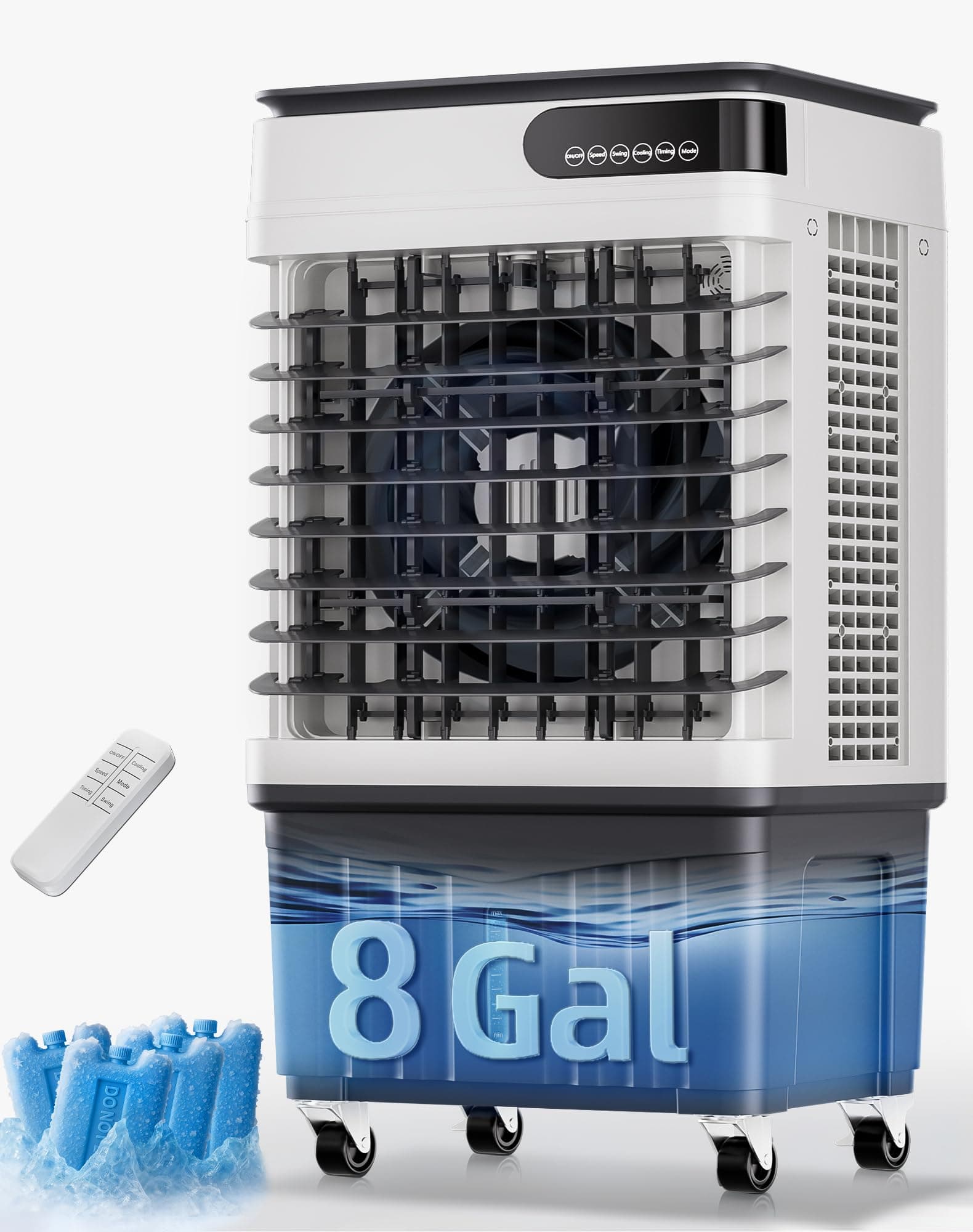 MEPTY 2500CFM Swamp Cooler, Evaporative Air Cooler with 8 Gallon Water Tank, 4 Ice Packs, 3 Speeds&Modes, 12H Timer, 120°Oscillation, Remote, Portable Outdoor Air Conditioner for Patio Garage Use