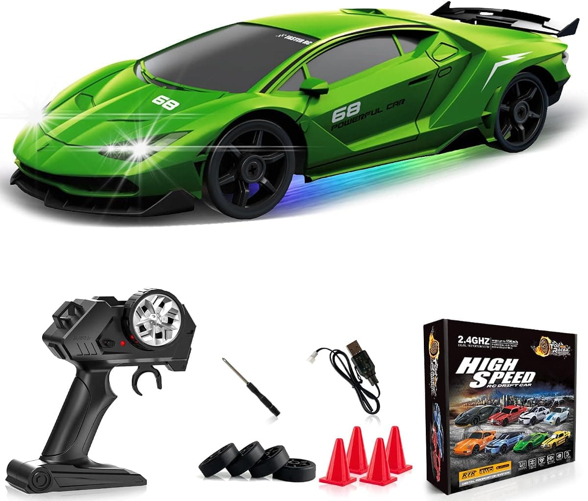 Remote Control Car RC Drift Car 2.4GHz 1:24 4WD 15KM/H High Speed Racing Sport Car with LED Lights Drifting Tire Racing Sport Toy for Adults Boys Girls Kids Gift