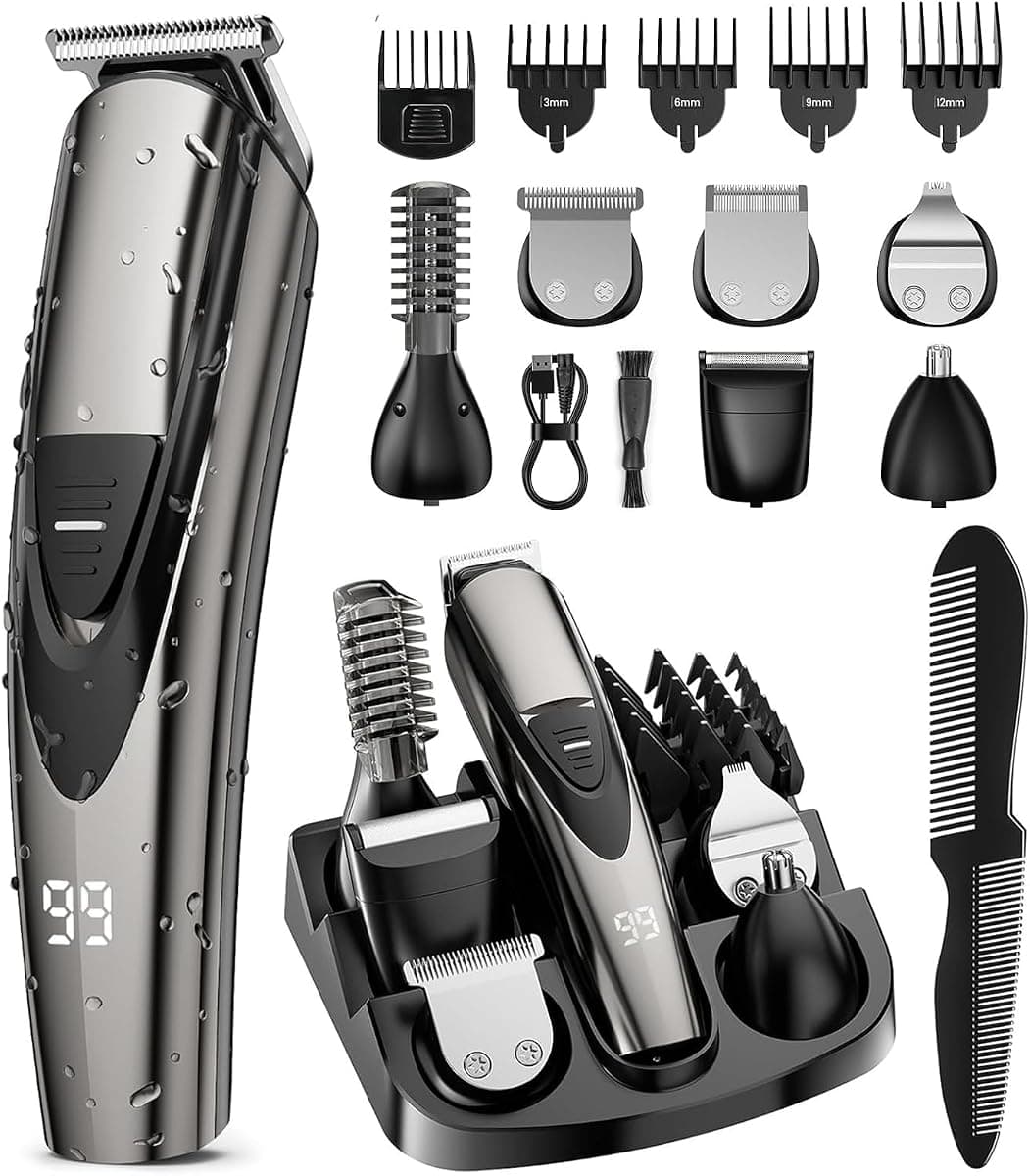 Rechargeable Beard Trimmer for Men: Professional Barber Hair Clippers with Detachable Blade & Turbo Speed, 12-in-1 Cordless Grooming Kit, IPX6 Waterproof, Safety Lock