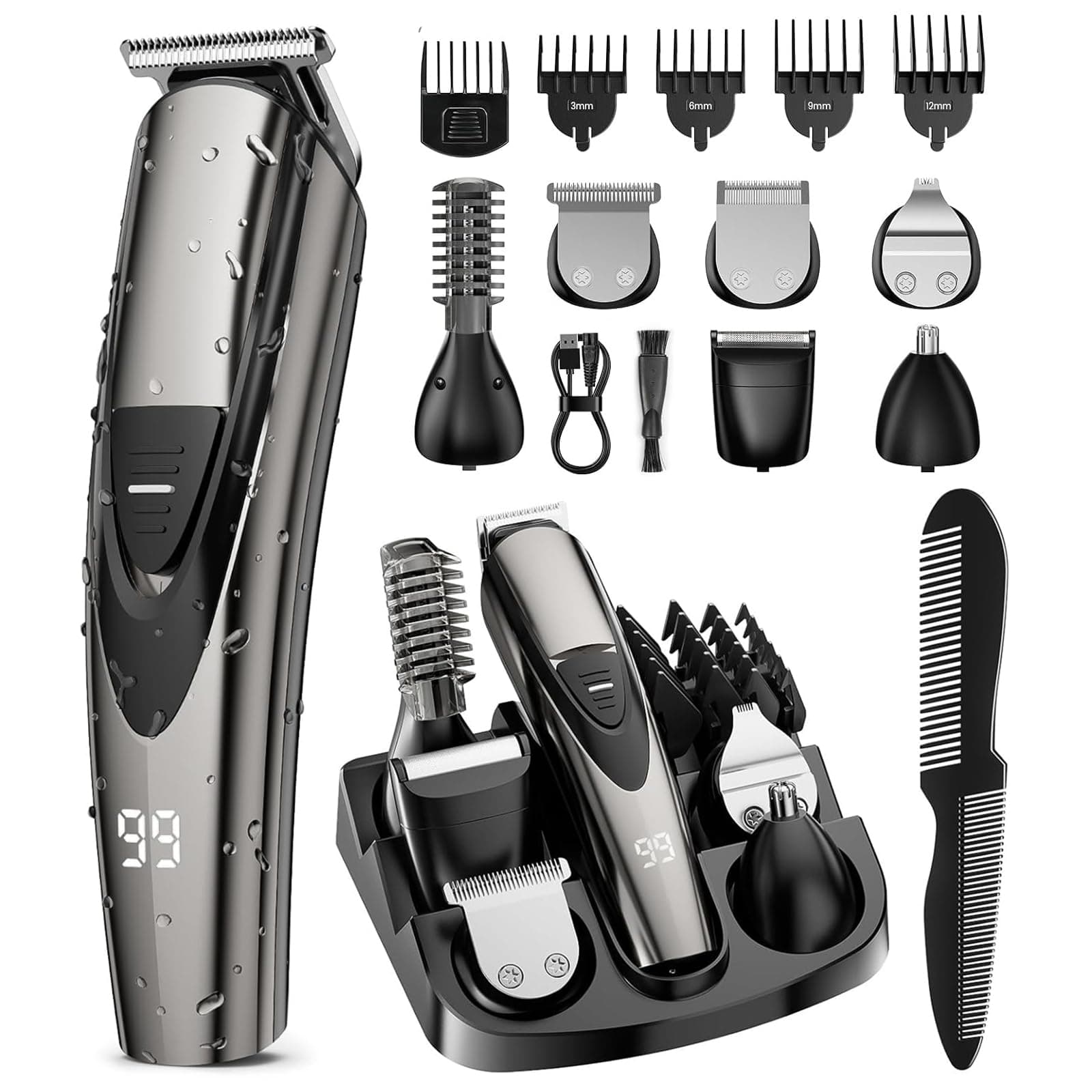 Rechargeable Beard Trimmer for Men: Professional Barber Hair Clippers with Detachable Blade & Turbo Speed, 12-in-1 Cordless Grooming Kit, IPX6 Waterproof, Safety Lock
