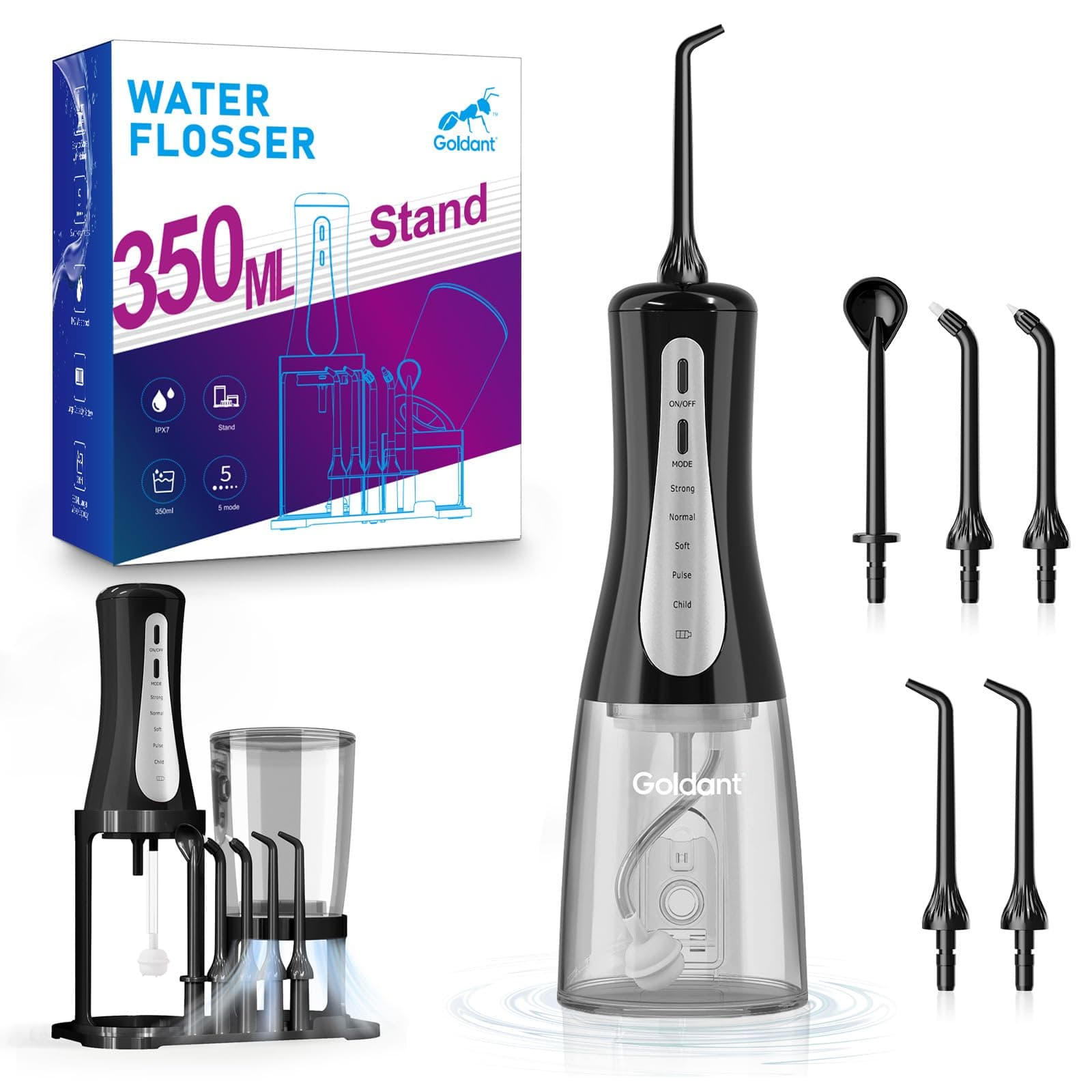 2026 New 350ML Water Flosser with Drainage & Storage Stand, Keeps Dry & Clean, 5 Modes, 360°Nozzle, Cordless Rechargeable, IPX7 Waterproof, Portable for Home & Travel (Black)