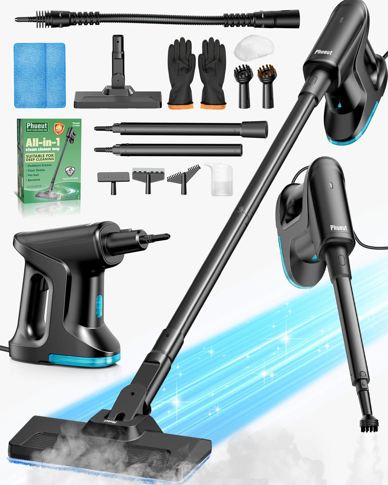 Heavy Duty Steam Mop for Floor Cleaning, 14-in-1 Lightweight Detachable Handheld Steam Cleaner with Multi-Purpose&Powerful, No-Chemical Floor Steamer for Home|Hardwood|Grout|BBQ|Window (Black)
