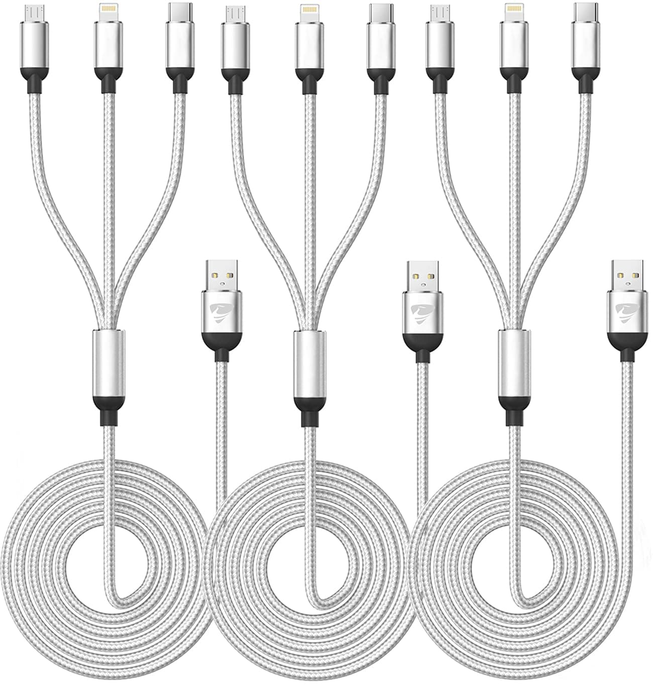 Aioneus Multi Charging Cable, (3Pack 4FT) Multi USB Charger Cable 3 in 1 Universal Nylon Multiple Charging Cord with Type-C/Micro USB Connectors for Most Phones & Tablets