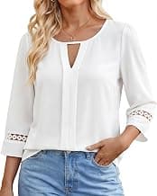 3/4 Length Sleeve Womens Tops, Casual Fit Blouses for Women, Keyhole Neck Business Shirts with Hollow Out Lace Trim