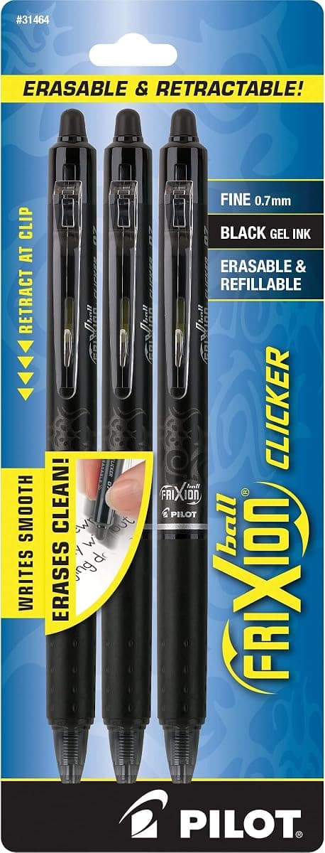 PILOT FriXion Clicker Erasable Pens, Refillable & Retractable Gel Ink Pens, Fine Point 0.7 mm, Black Ink, 3-Pack - Ideal for School, Journaling, & Office Writing