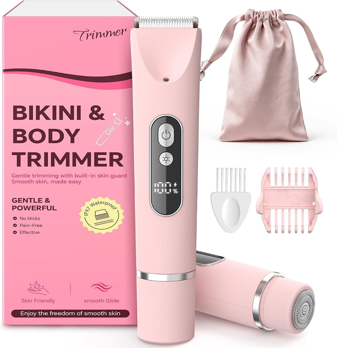 Bikini Trimmer for Women,Smooth Electric Razor for Sensitive Skin, IPX7 Waterproof Wet & Dry Cordless Body Shaver & Grooming Set for Bikini Area, Pubic Hair, Face, Underarms & Legs (Pink)