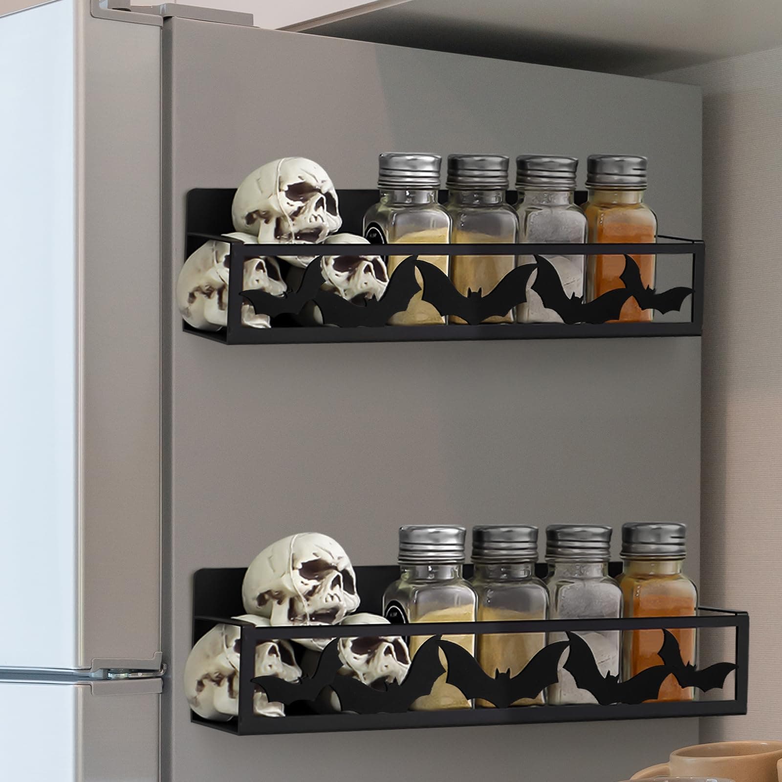 Beeveer 2 Pack Bat Magnetic Spice Rack for Refrigerator Metal Magnet Basket Shelf for Fridge Seasoning Storage Organizers Home Decor Kitchen Accessories (Black)