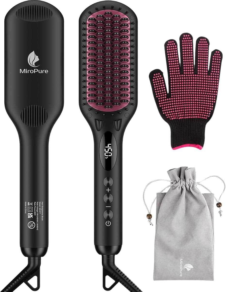 Enhanced Ceramic Hair Straightener Brush by MiroPure, 2-in-1 Ionic Straightening Brush with Anti-Scald Feature, Auto Temperature Lock & Auto-Off Function (Black)