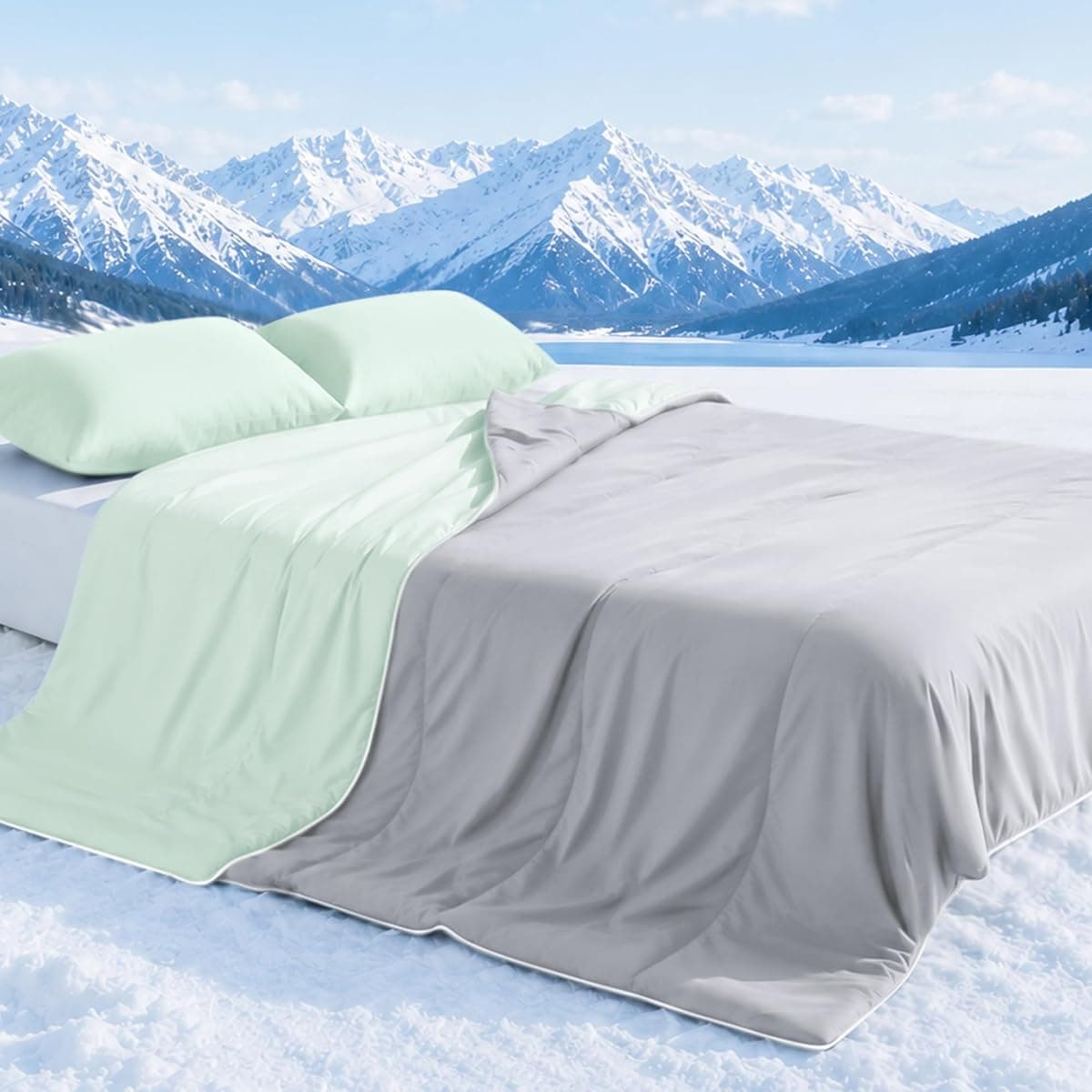 Cooling Comforter Queen Size with Pillow Cases, Lightweight Summer Cooling Blankets for Hot Sleepers, Dual-Sided Cold Bedding Comforter Set for Night Sweats, Cool Gray/Light Green 90"x90" in.