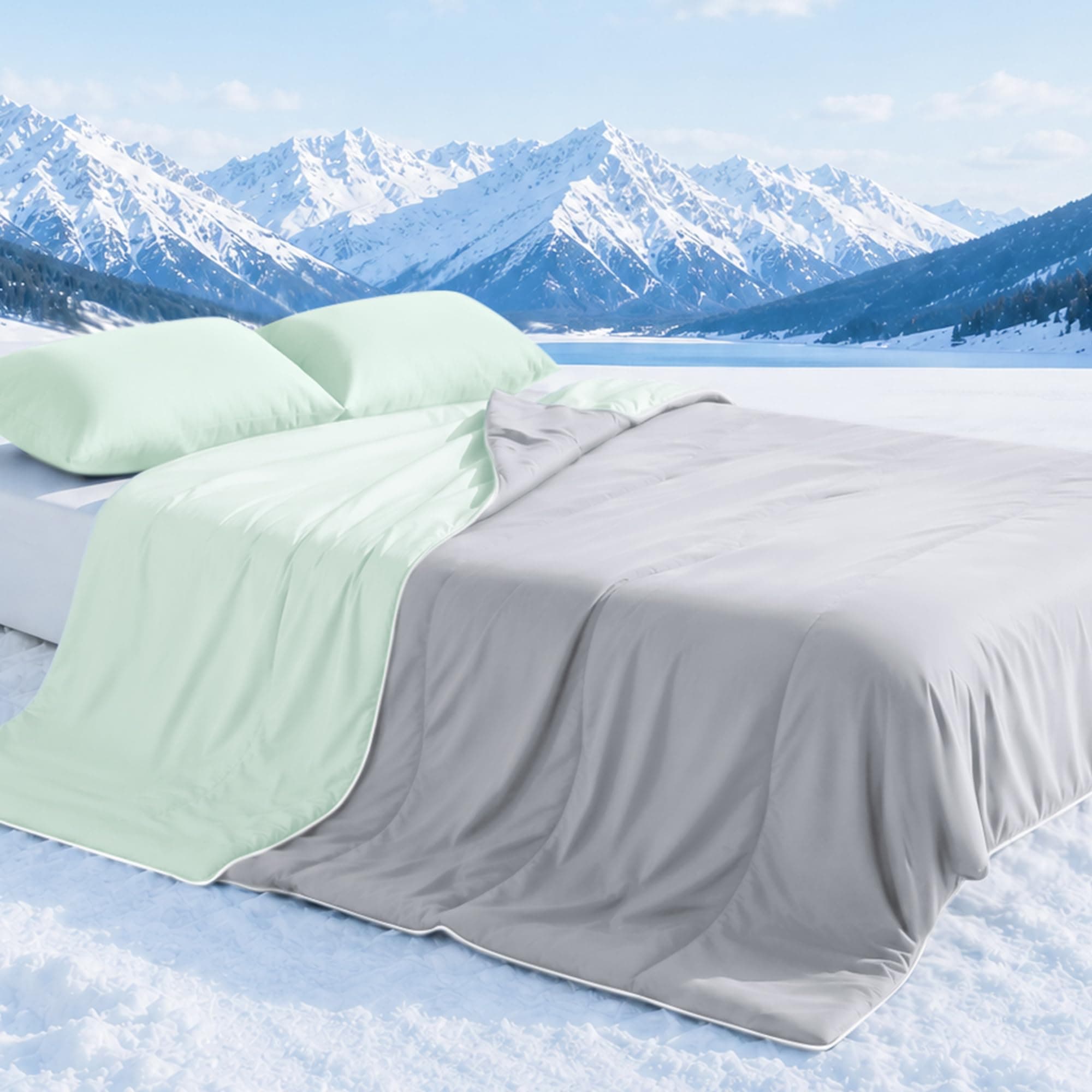 Cooling Comforter Queen Size with Pillow Cases, Lightweight Summer Cooling Blankets for Hot Sleepers, Dual-Sided Cold Bedding Comforter Set for Night Sweats, Cool Gray/Light Green 90"x90" in.