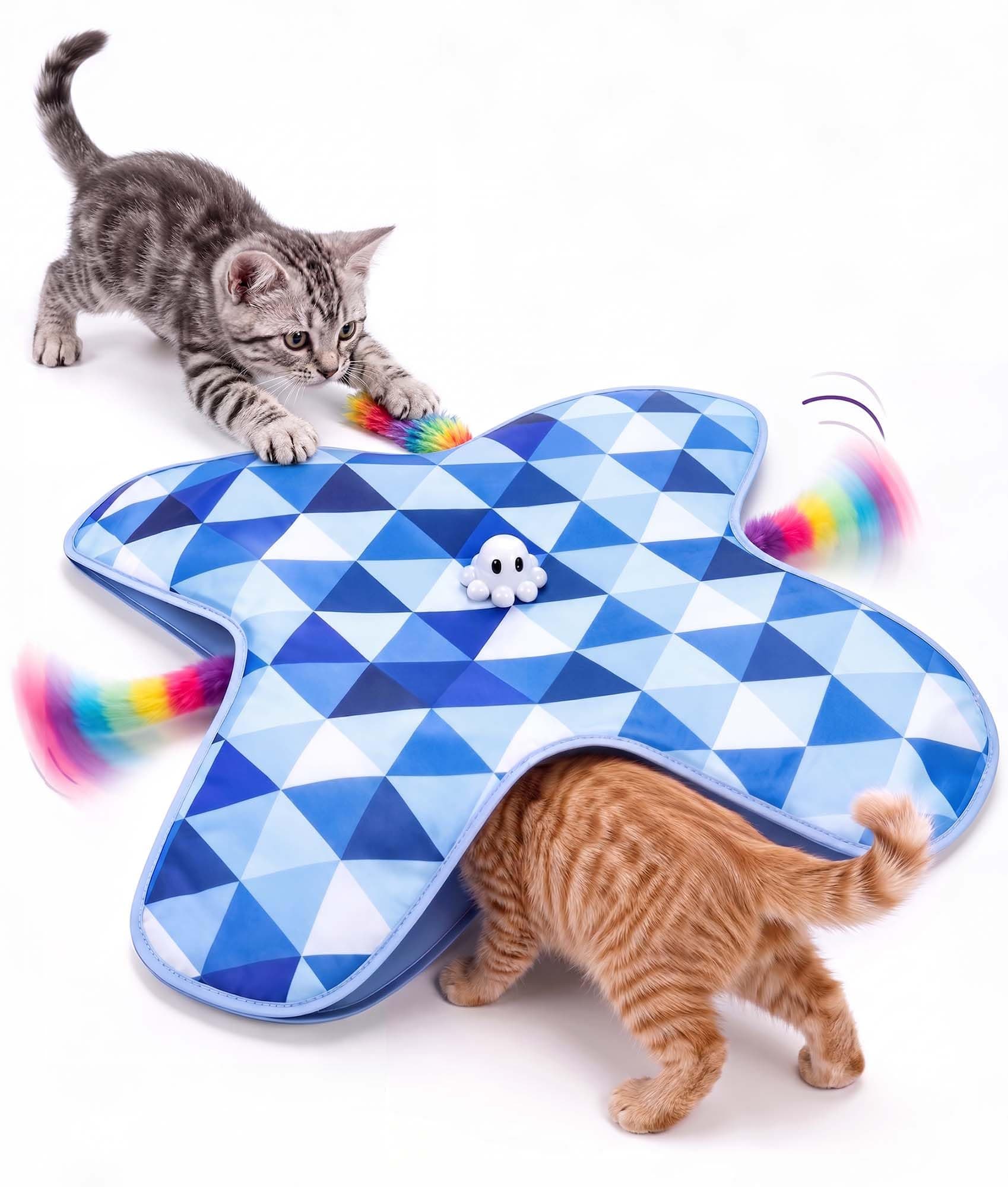 PetBusy [Baby Grade Automatic Hide &Seek Interactive Cat Toys for Indoor Cats,[Week-Long Big Battery] Rechargeable Smart Touch-Activated Kitten Toy with Moving Rainbow Tail for Bored Adult Cats, Blue