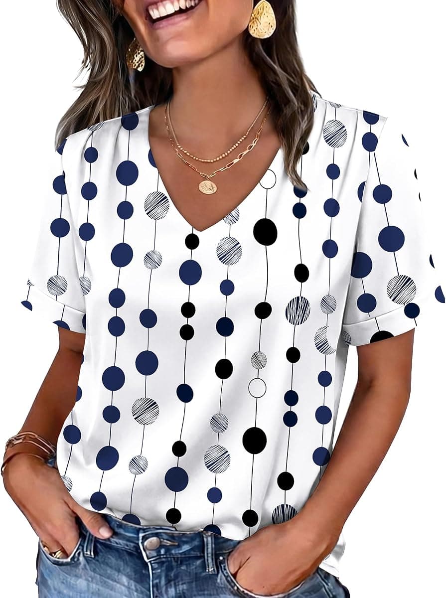 WIHOLL Work Blouses for Women Dressy Casual Summer Tops V Neck Short Sleeve Shirts