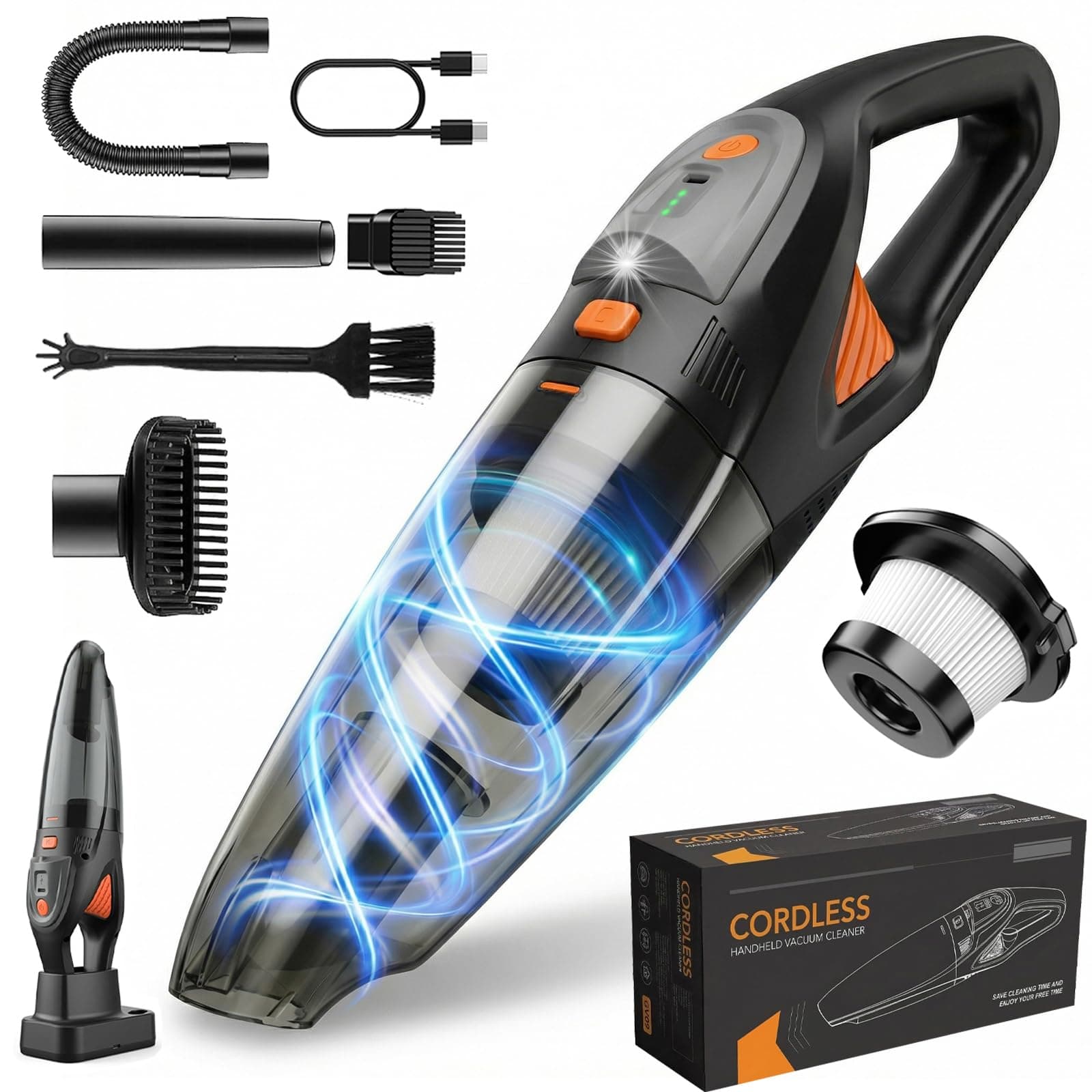 Handheld Vacuum Cordless, 25000Pa Powerful Suction Car Vacuum Portable Cordless with 8000mAh Battery & LED Light, Hand Held Vacuum Rechargeable with HEPA Filters, Home, Car Seats, Pet Hair Orange