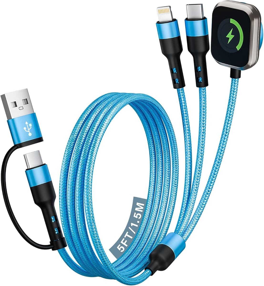Cruise Travel Essentials 2026, 3 in 2 USB A/C Cable to iPhone 17 Charger/iWatch Charger/IP, Braided Multi Charging Cable Cord, Multi Charger Cable for iWatch Series & iPhone17-11/iPad [Blue, 5FT]