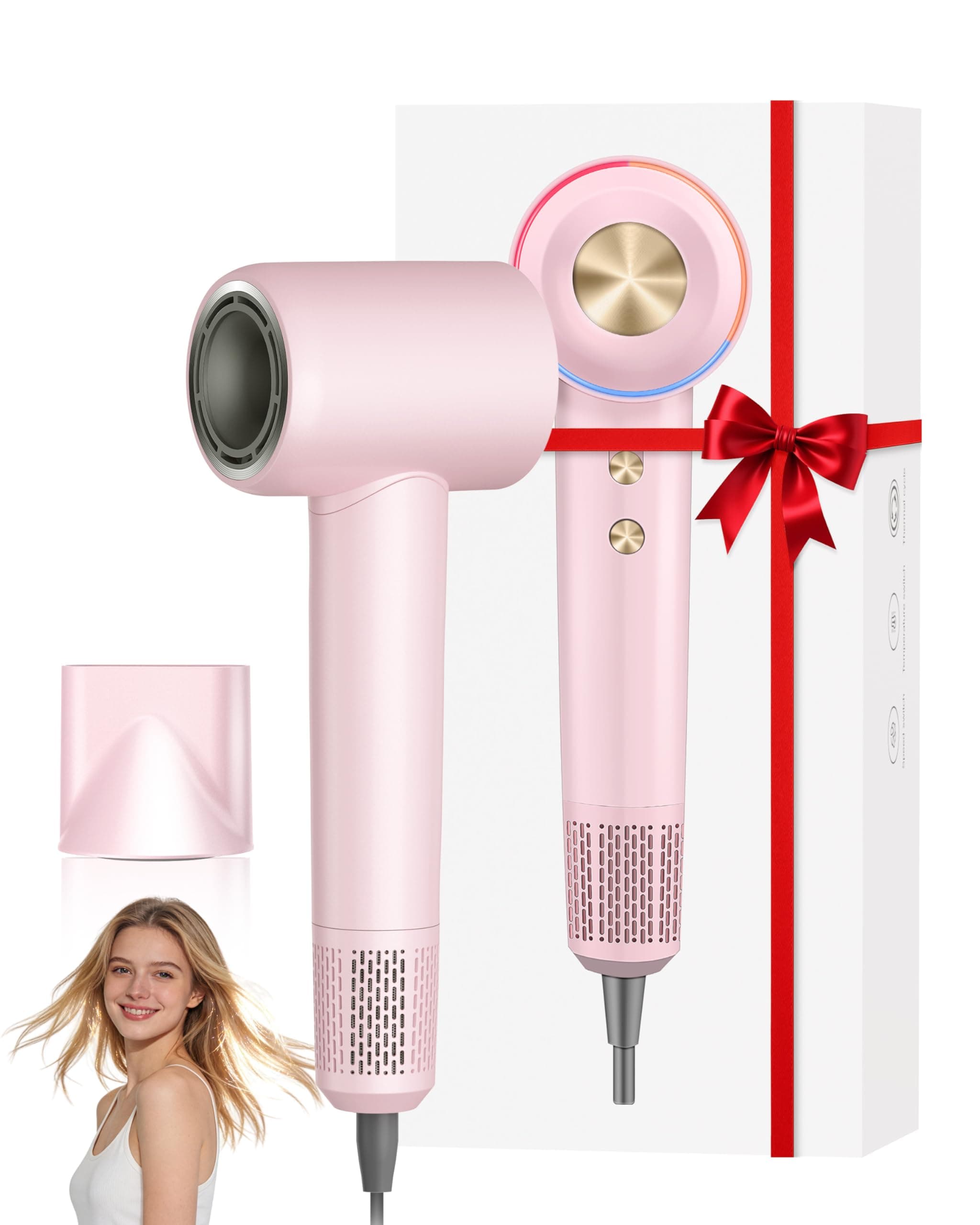 Ionic Hair Dryer, 150,000 RPM High-Speed Professional Blow Dryer for Fast Drying, 500M Negative Ions & Thermo-Control, Magnetic Nozzle, Low Noise & Lightweight for Home and Travel, Pink