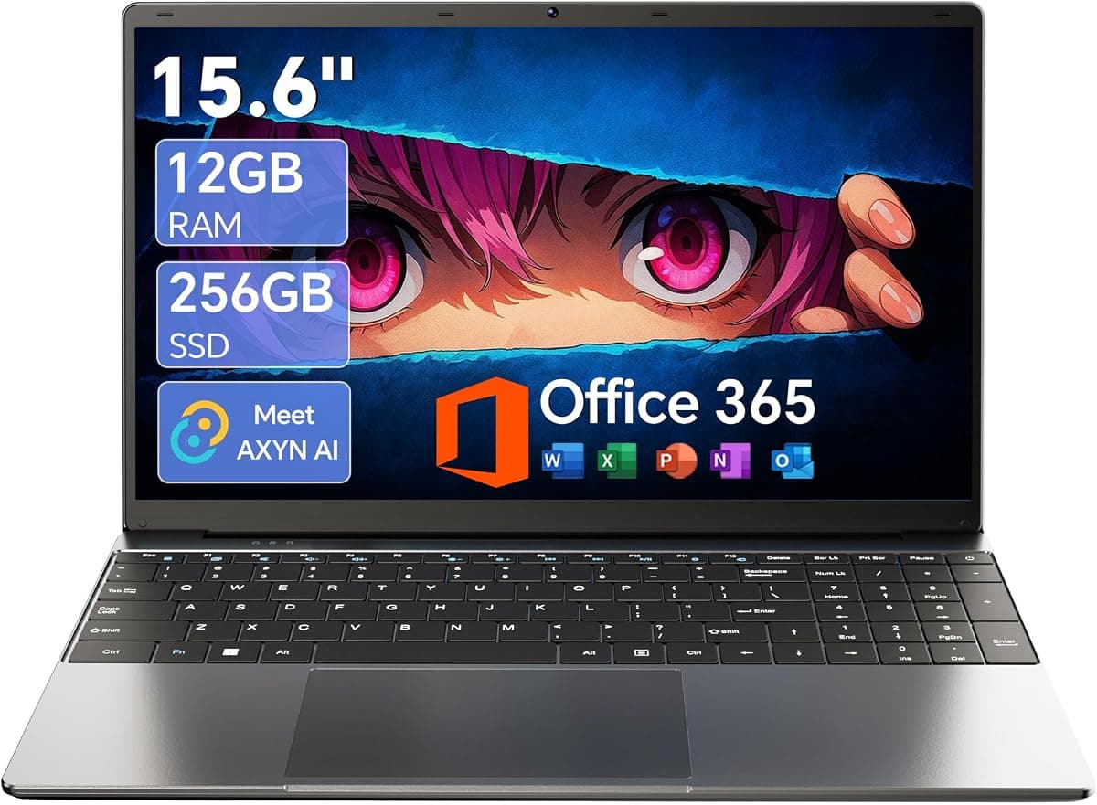 15.6 Inch Laptop with AI, Office 365, 12GB RAM 256GB SSD, Quad-Core Processor, Win 11 Home Laptops Computer, IPS FHD, 180°Viewing, Type-C, WiFi 5, BT4.2, Portable Thin Business Student Laptops