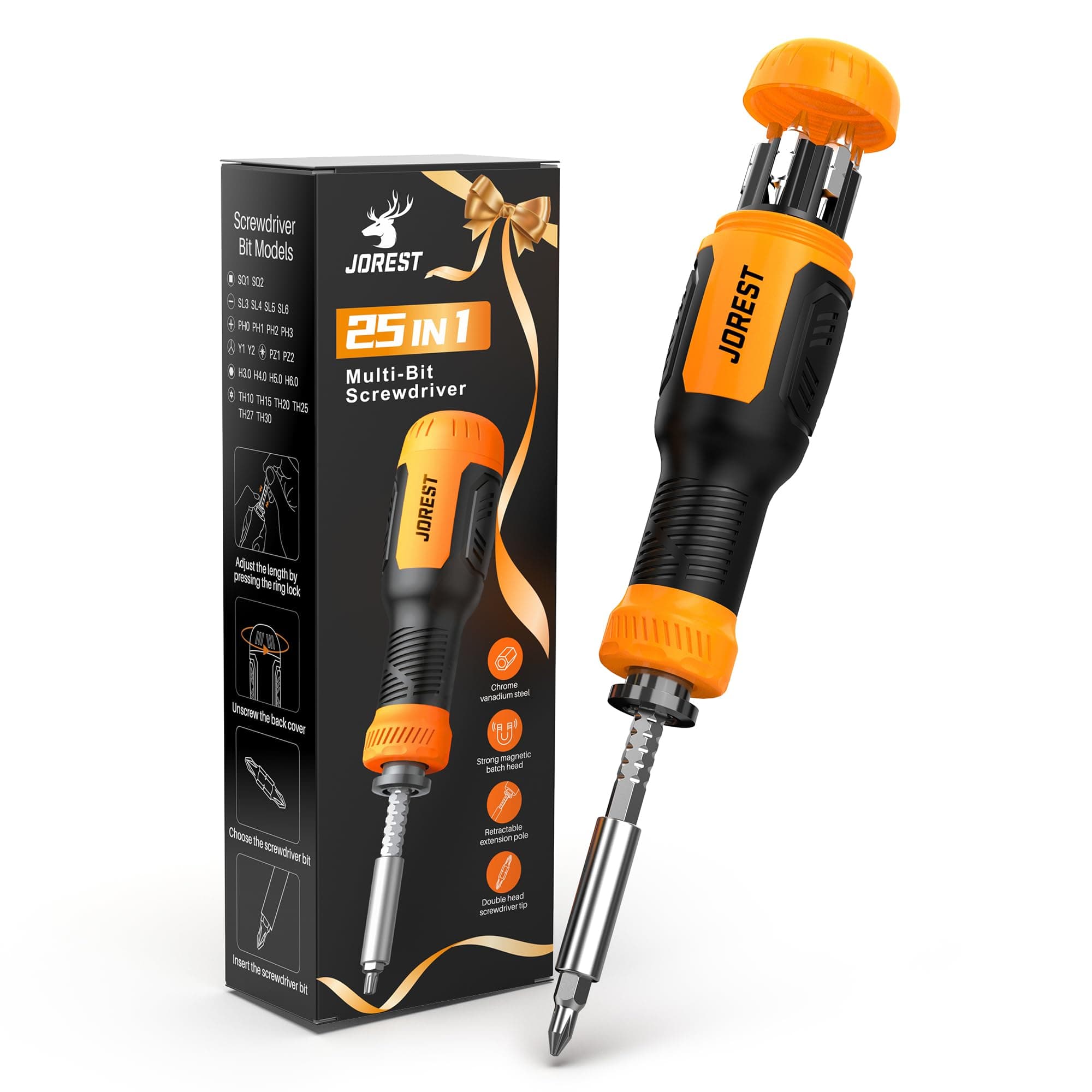 JOREST 25 in 1 Multibit Screwdriver Set, Magnetic Multitool Screwdriver Tool All in One, Screwdriver with Torx, Flat Head, Phillips, Hex, Square, Portable Tool Kit for Daily Repairs