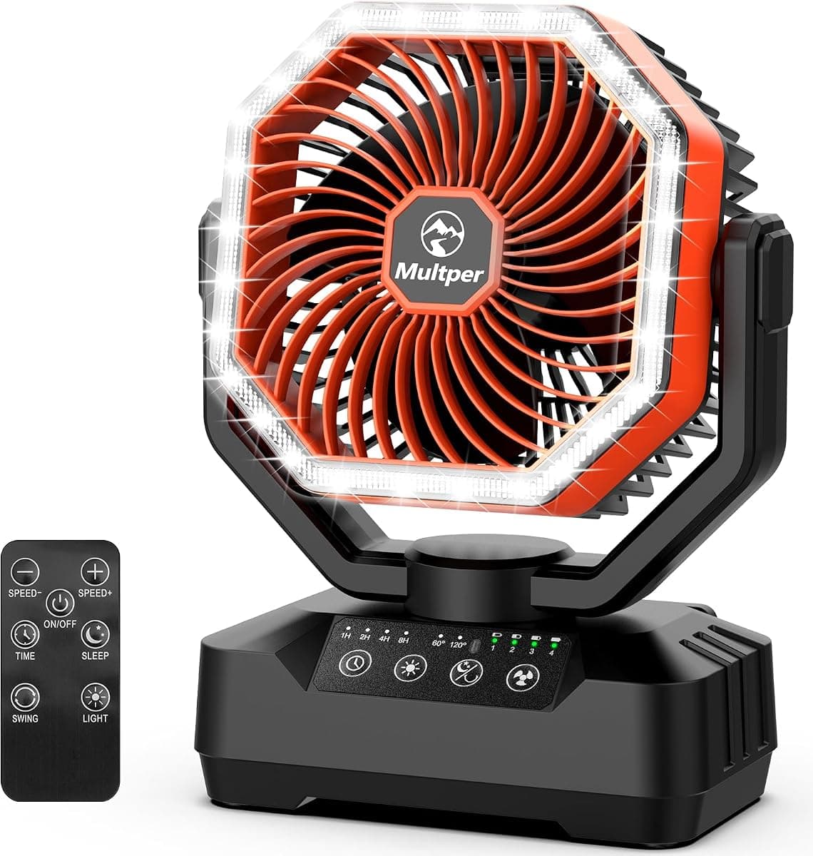 20000mAh Camping Fan, Up to 70H Runtime Rechargeable Battery Powered Fan with 120° Auto Oscillation, 4 Speeds & Timer Portable Fan with LED Lantern, Remote for Tent, Travel, BBQ, Fishing, Jobsite