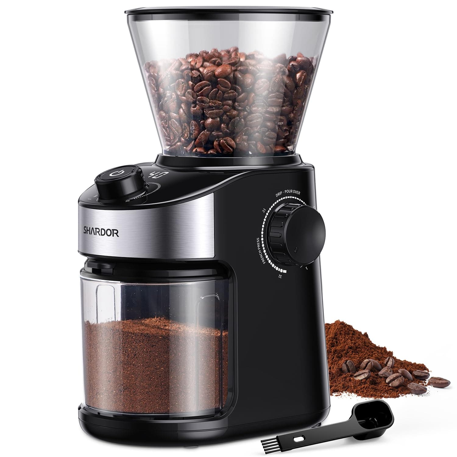 SHARDOR Burr Coffee Grinder Electric with 32 Grinding Sizes 4.0, Coffee Grinders for Home Use with 40 Seconds Adjustable Electronic Timer, Coffee Bean Grinder with Chamber Cleaning Button,Black