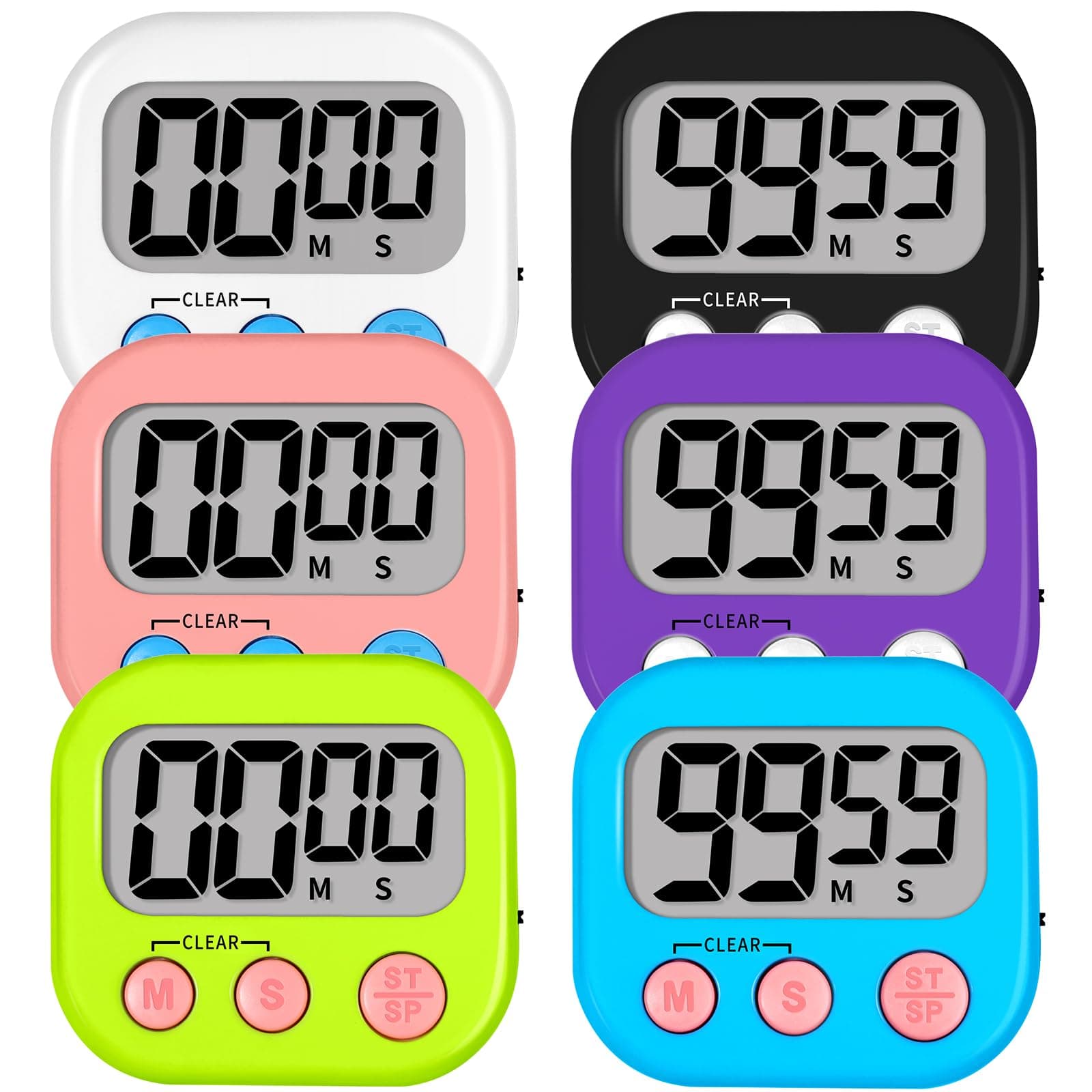 Lasubst Digital Kitchen Timers for Cooking, Magnetic Classroom Timers for Teachers Kids, Back to School Supplies Bulk (6 Pack, Black White Pink Purple Blue Green)