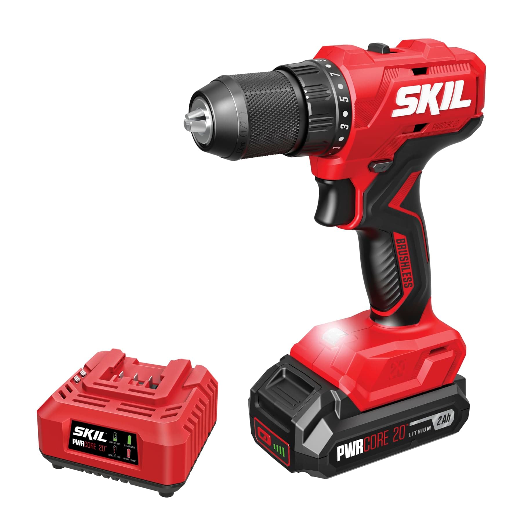 SKIL PWR CORE 20 Brushless 20V 1/2-Inch Drill Driver Kit, Includes 2.0 Ah Battery and Charger - DL6280B-10