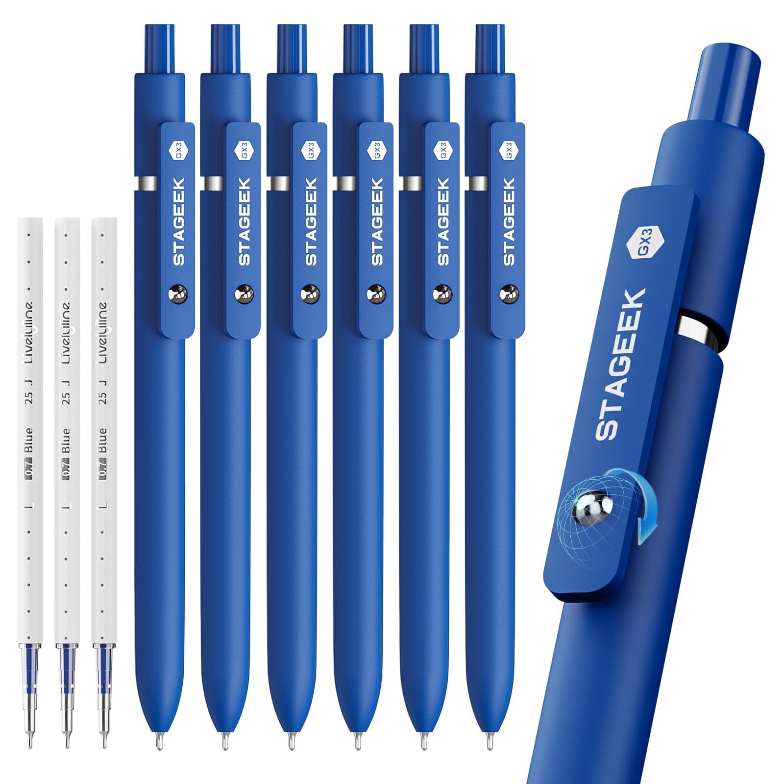 STAGEEK Blue Gel Pens GX3, 6Pcs Quick Dry Blue Ink Pens with 3 Extra Refills, Fine Point Retractable Smooth Writing Pens for Journaling, Office, Note Taking, School Supplies, Nurse Aesthetic(Blue)