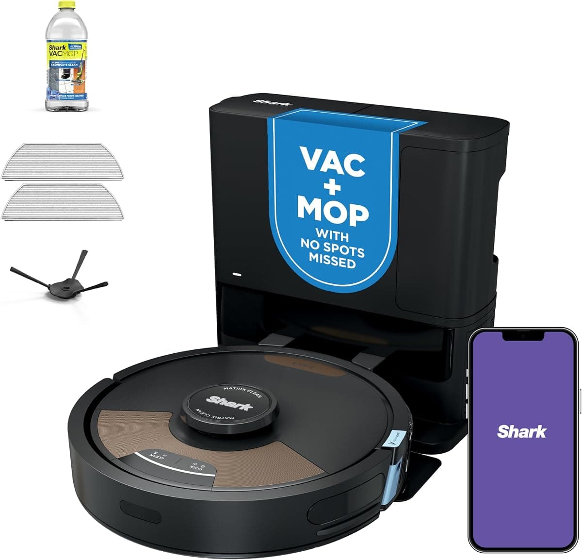 Shark Matrix Plus 2in1 Robot Vacuum & Mop with Sonic Mopping, Matrix Clean, Home Mapping, HEPA Bagless Self Empty Base, CleanEdge, for Pet Hair, WiFi, Black/Brass, AV2620WA