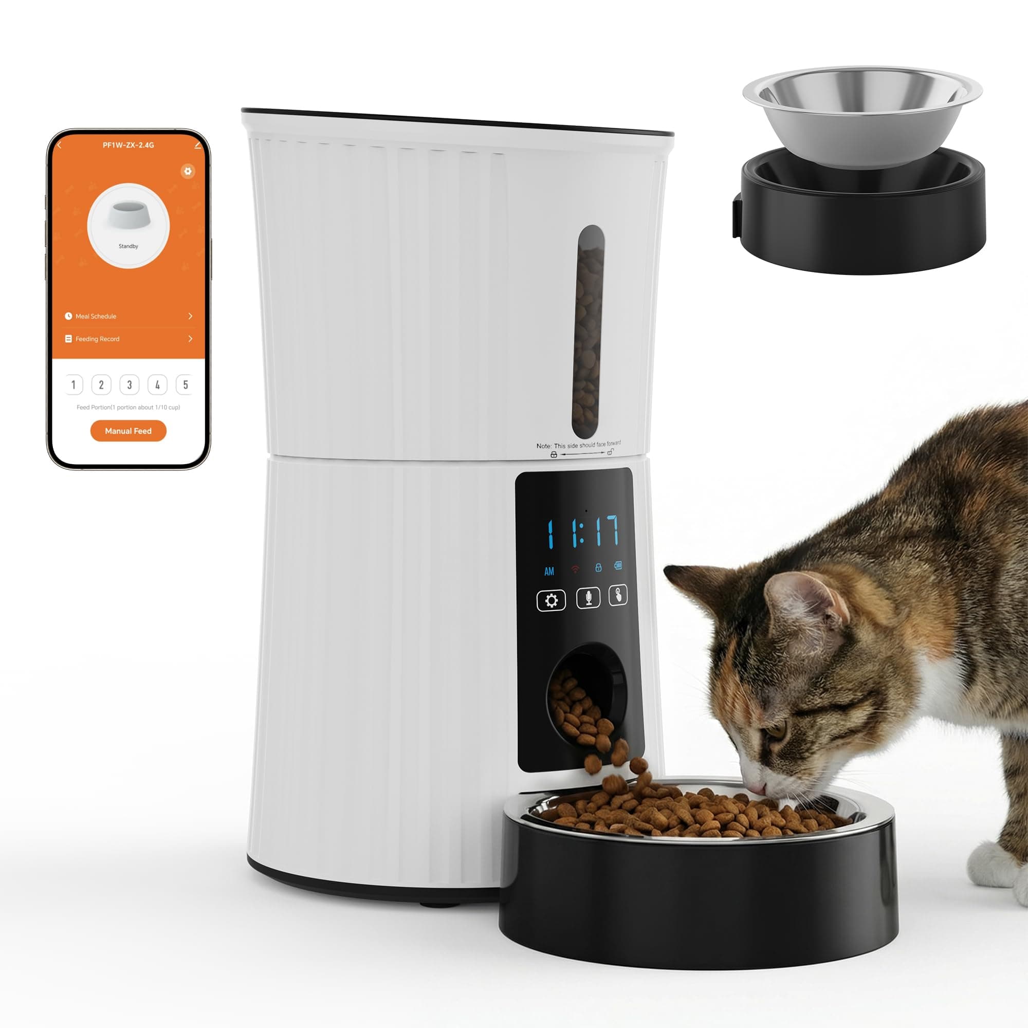 DUMOS 2.4G WiFi Automatic Cat Feeder, 4L Timed Cat Food Dispenser with APP Control, 10s Voice Recorder, Dual Power Supply, Indoor Programmable Pet Feeder with Desiccant for Small Cats and Dogs, White
