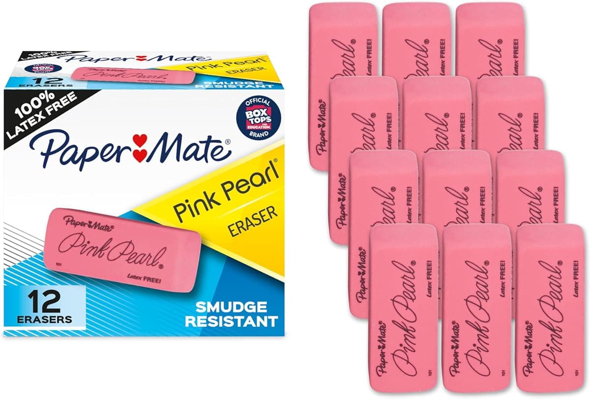 Paper Mate Erasers, Pink Pearl, 12 Count - Latex Free and Smudge Resistant, Back to School, Teacher Supplies