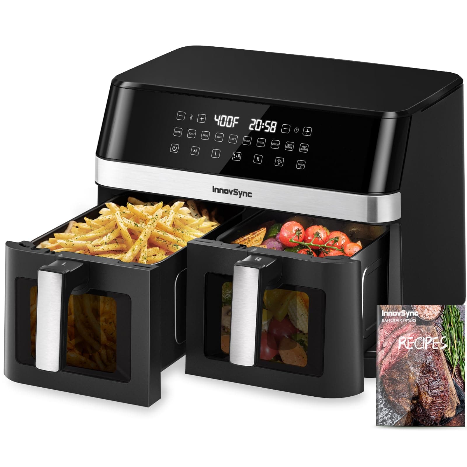12QT Large Dual Air Fryer, 10-in-1 Double Zone Airfryer with 2×6QT Baskets, 60° Easy-Panel with Full Touchscreen, SyncCook Function, Viewing Window, Nonstick & Dishwasher Safe, 2 Dishes at Once, Black